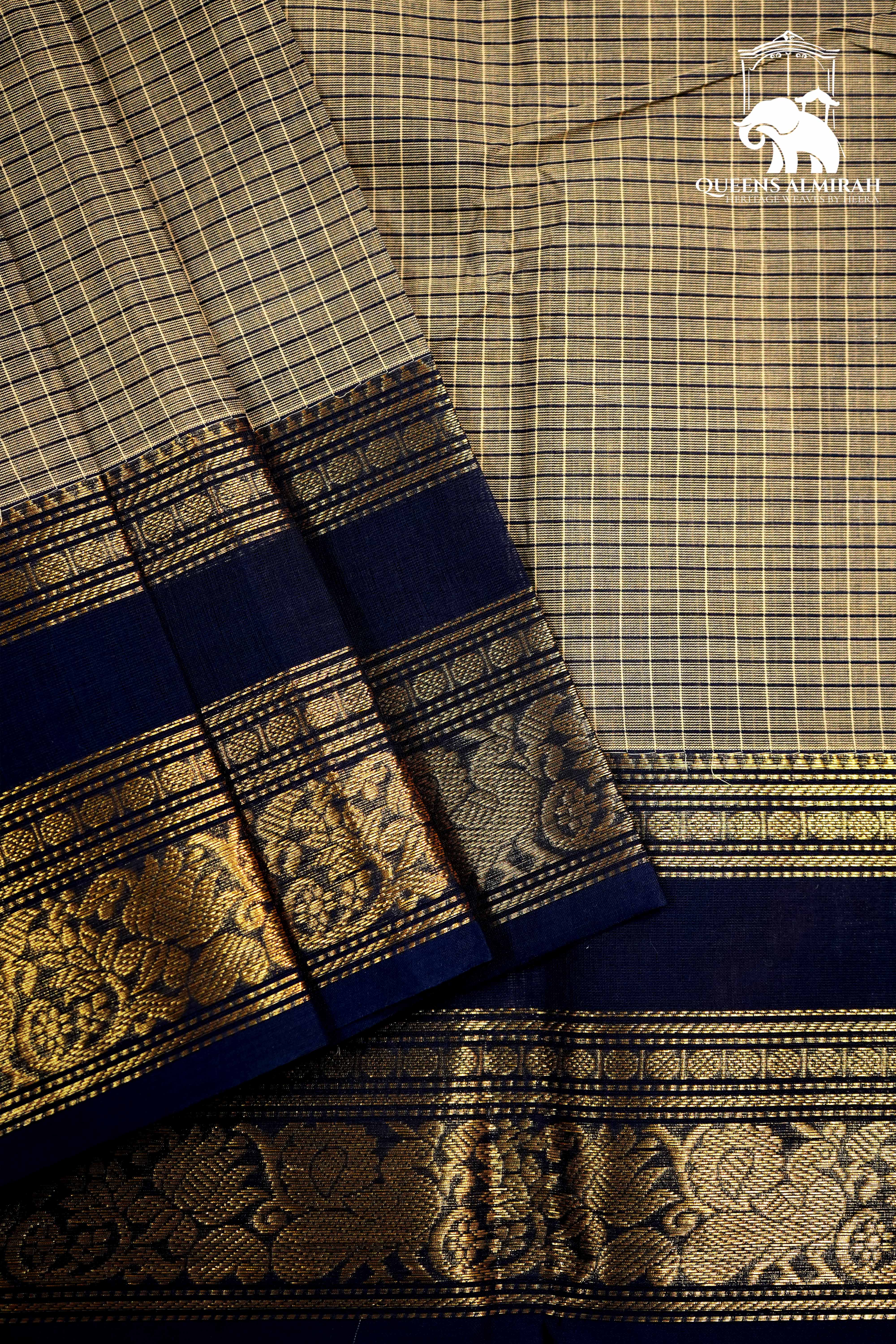 NATURAL GREY WITH DARK BLUE KANCHI COTTON SAREE - Queens Jewel Emporium