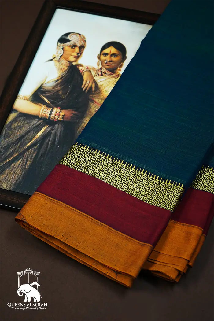 NAVY BLUE WITH BURGUNDY BORDER NARAYANPET COTTON SAREE - Queens Jewel Emporium
