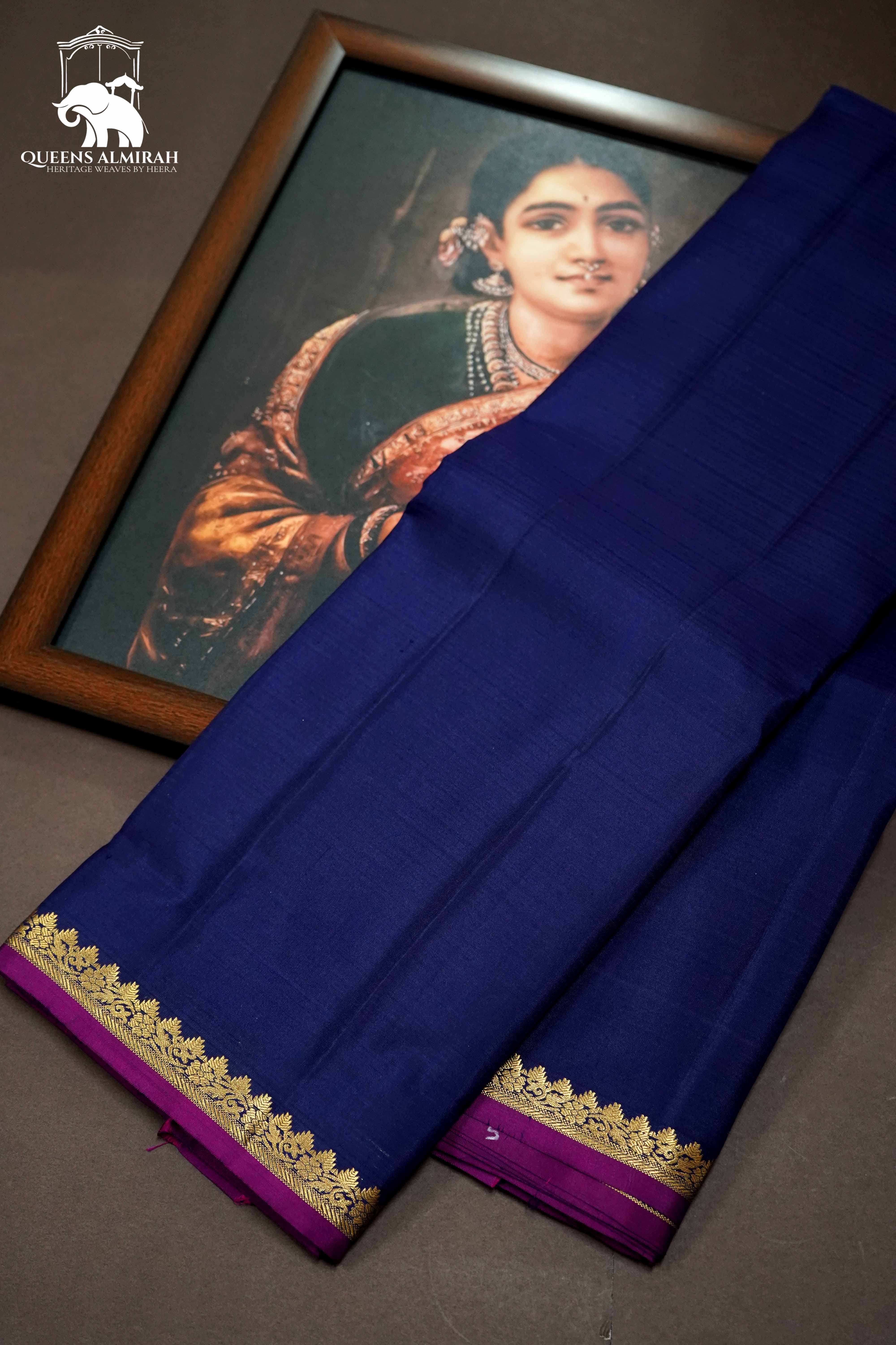 NAVY BLUE WITH GOLD BORDER KANCHIVARAM SILK SAREE - Queens Jewel Emporium