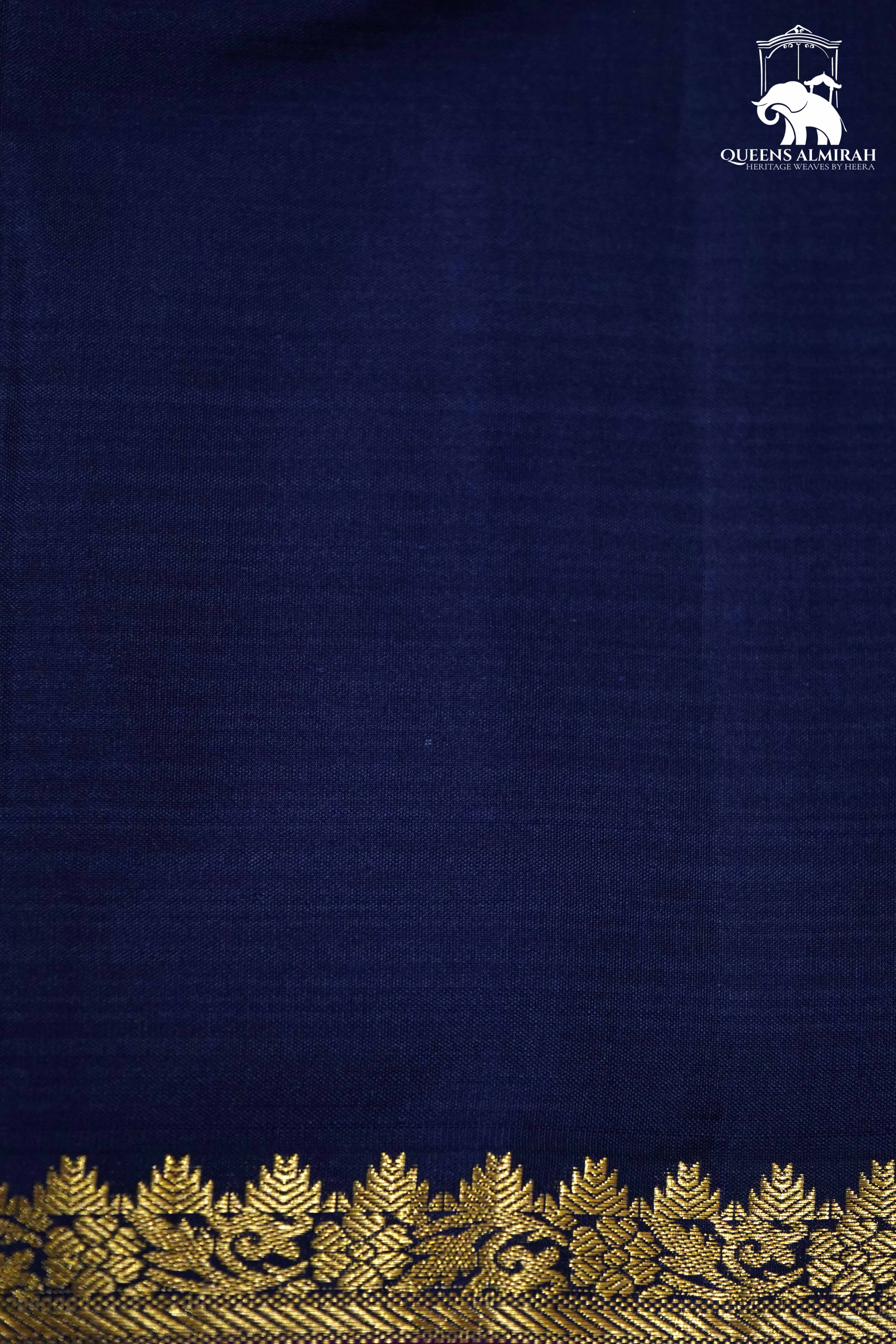 NAVY BLUE WITH GOLD BORDER KANCHIVARAM SILK SAREE - Queens Jewel Emporium