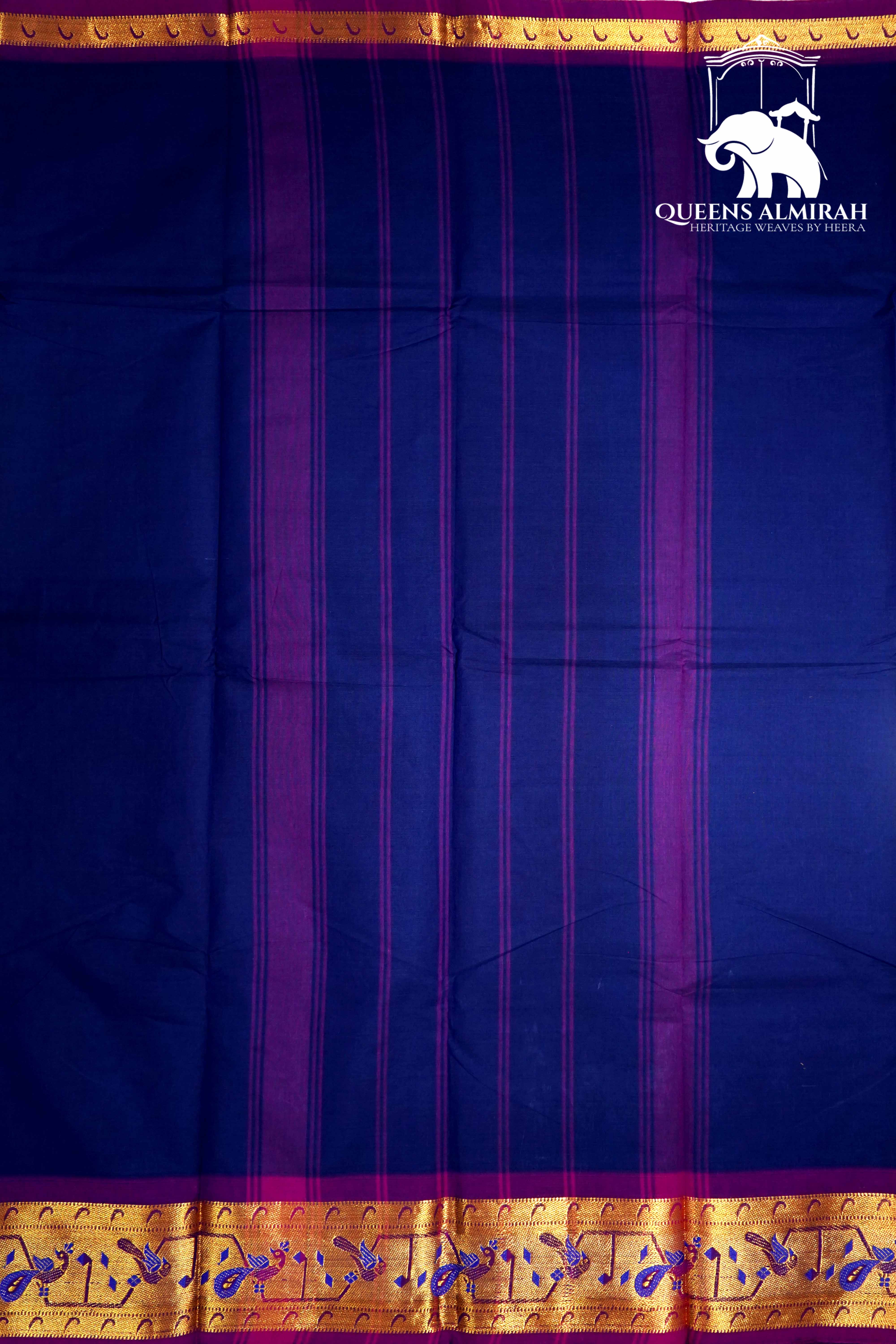 NAVY BLUE WITH GRAPE PURPLE KANCHI COTTON SAREE - Queens Jewel Emporium