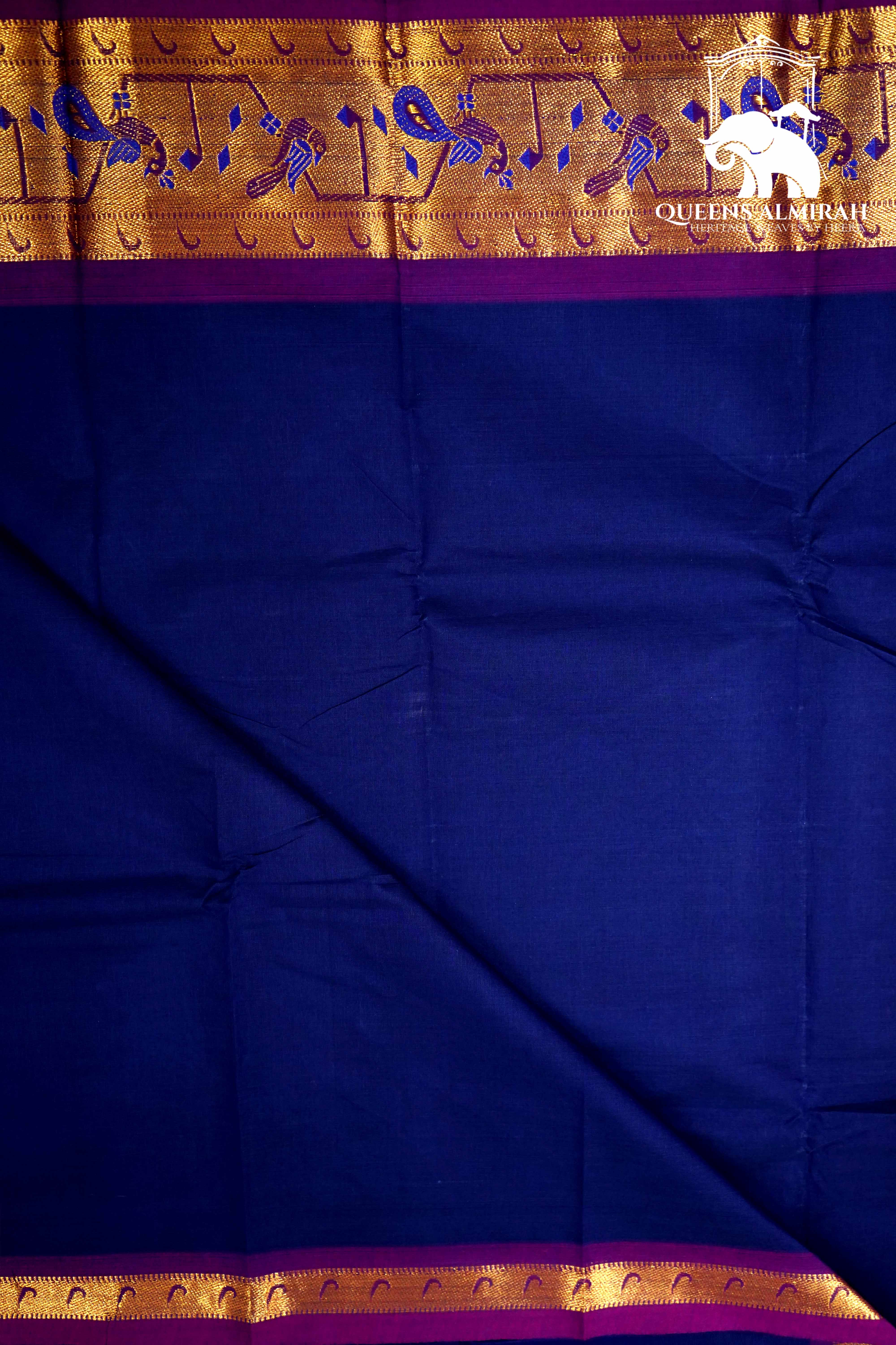 NAVY BLUE WITH GRAPE PURPLE KANCHI COTTON SAREE - Queens Jewel Emporium