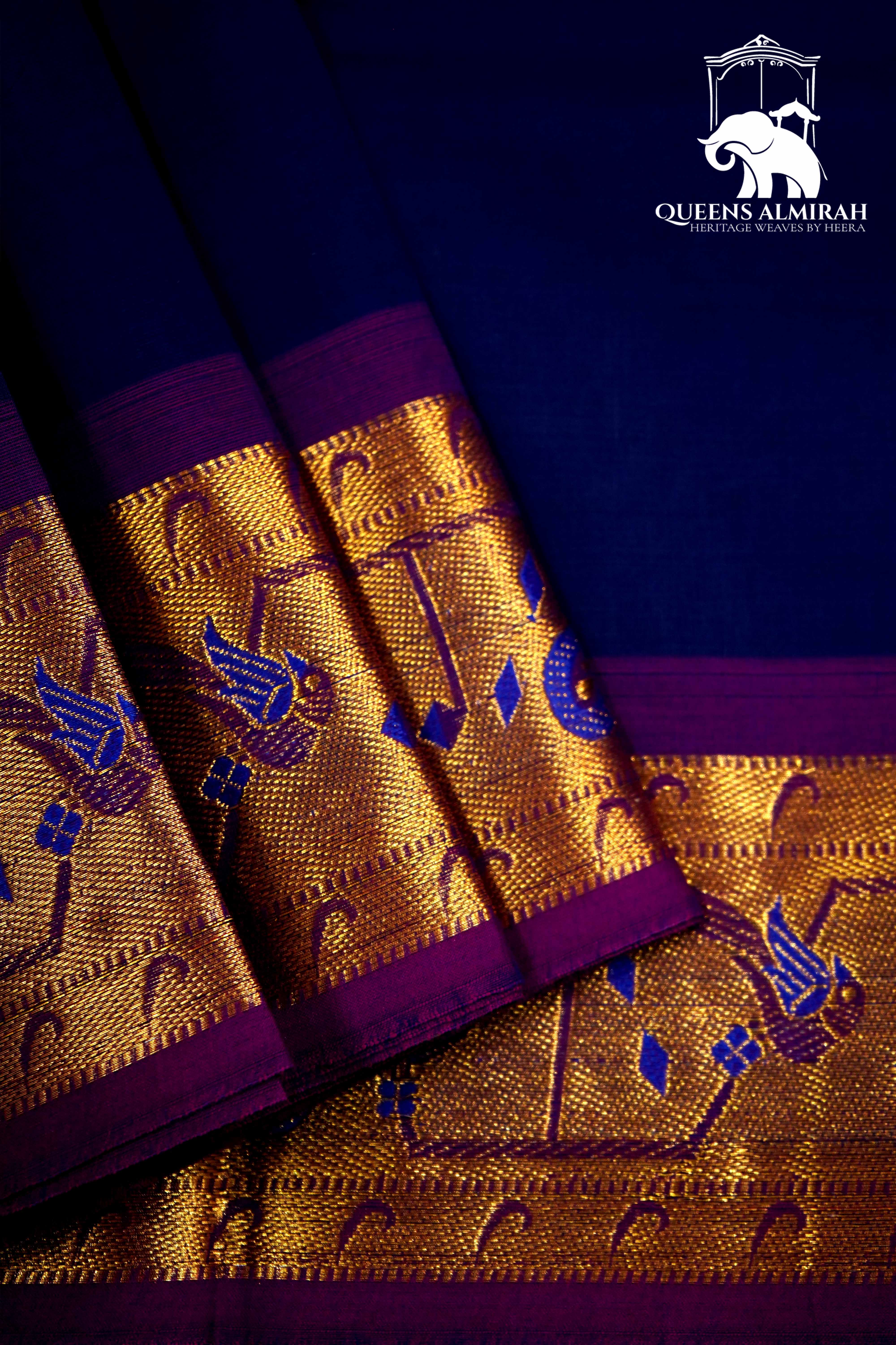 NAVY BLUE WITH GRAPE PURPLE KANCHI COTTON SAREE - Queens Jewel Emporium