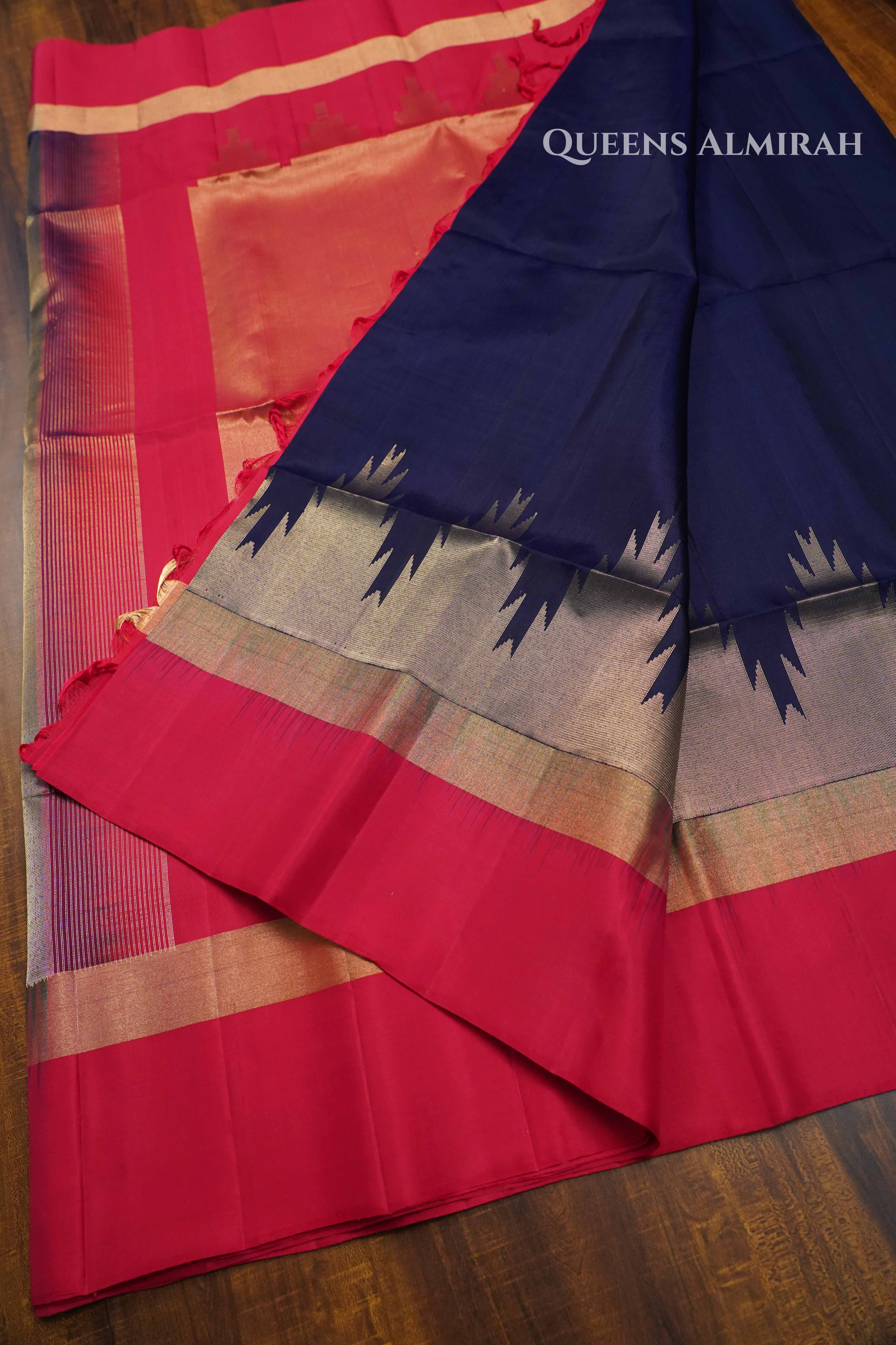 Navy Blue With Pink Pure Soft Silk Saree QUEENS ALMIRAH