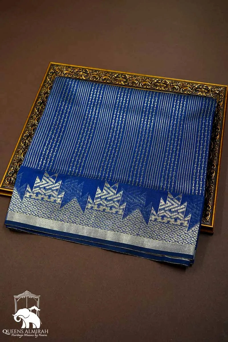 PURE KANCHI SILK COTTON -NAVY BLUE WITH STRIP SILK COTTON SAREE - Queens Jewel Emporium