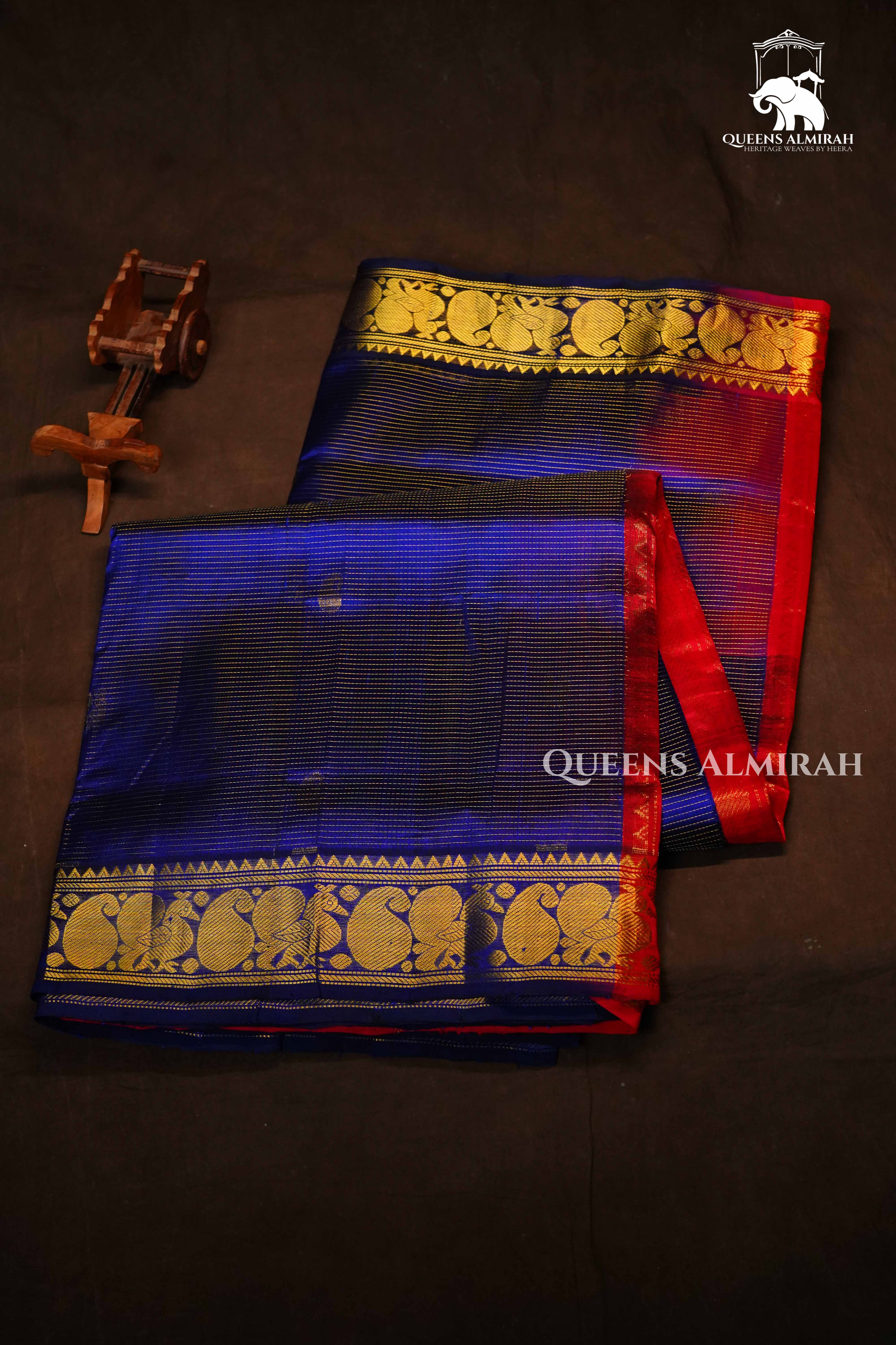 Navy Blue and Red -Karaikudi Chettinad  Vaira Oosi Saree QUEENS ALMIRAH