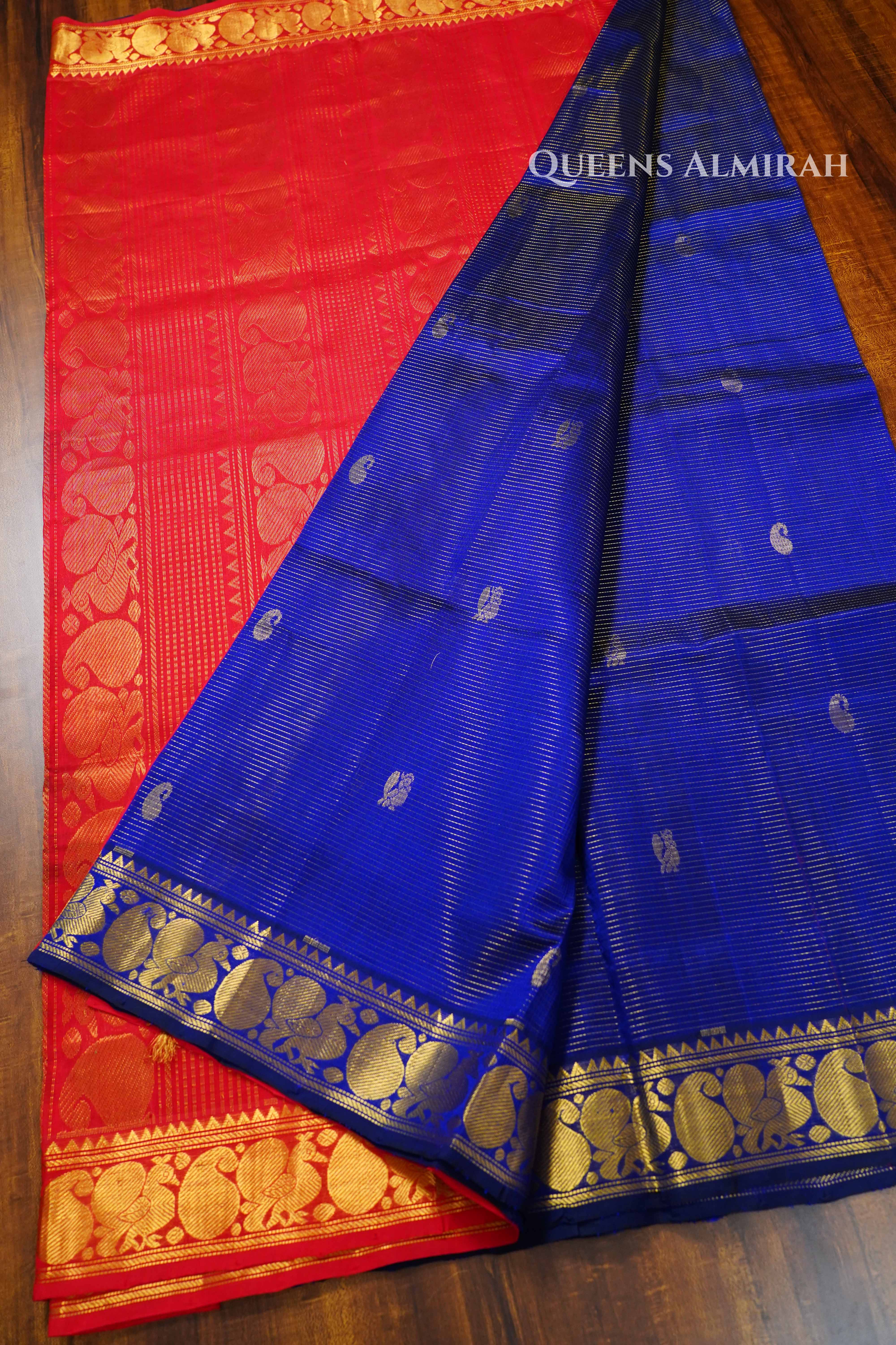 Navy Blue and Red -Karaikudi Chettinad  Vaira Oosi Saree QUEENS ALMIRAH