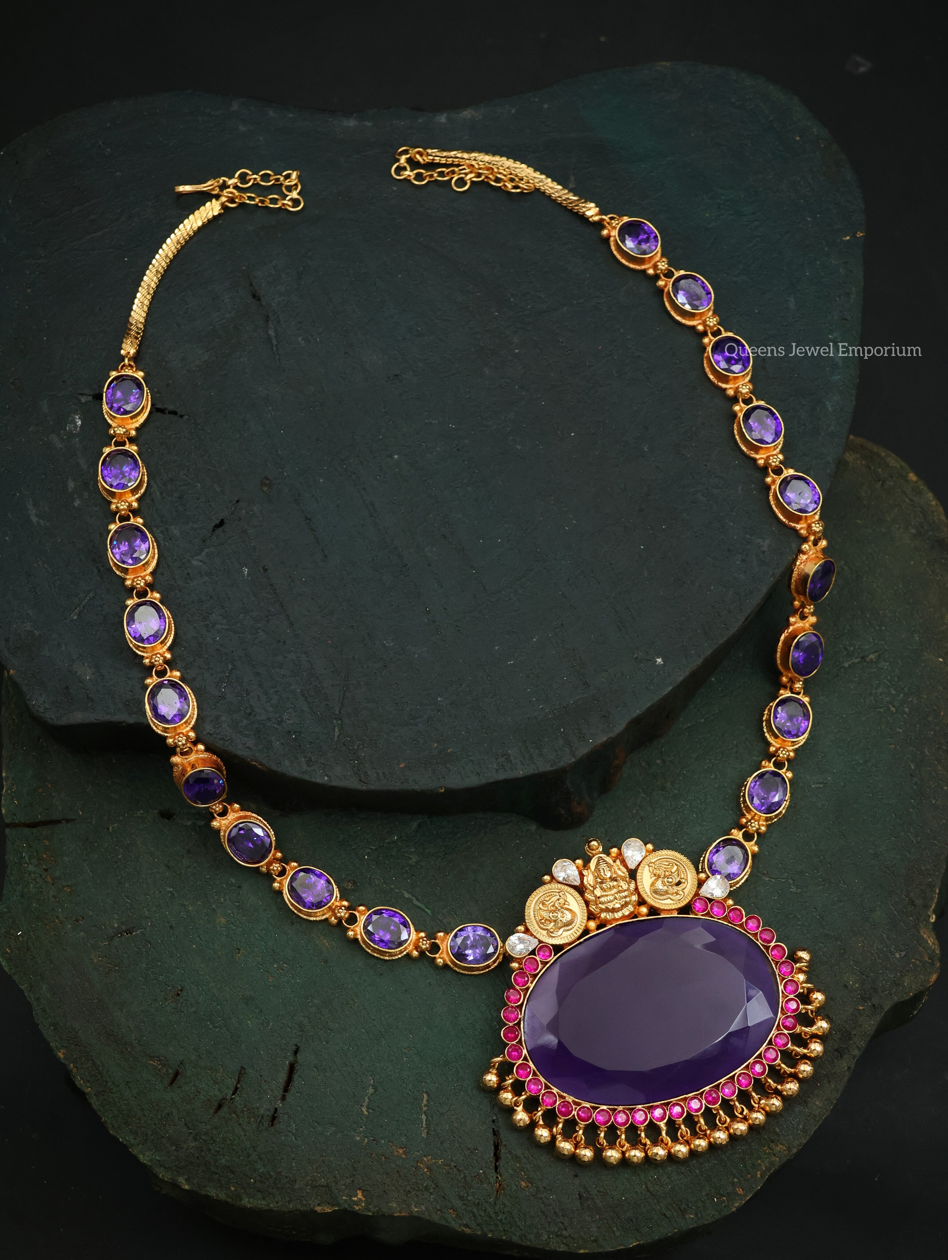 Violet color Haram, Nagas Lakshmi design Haram , Oval Pendant Haram