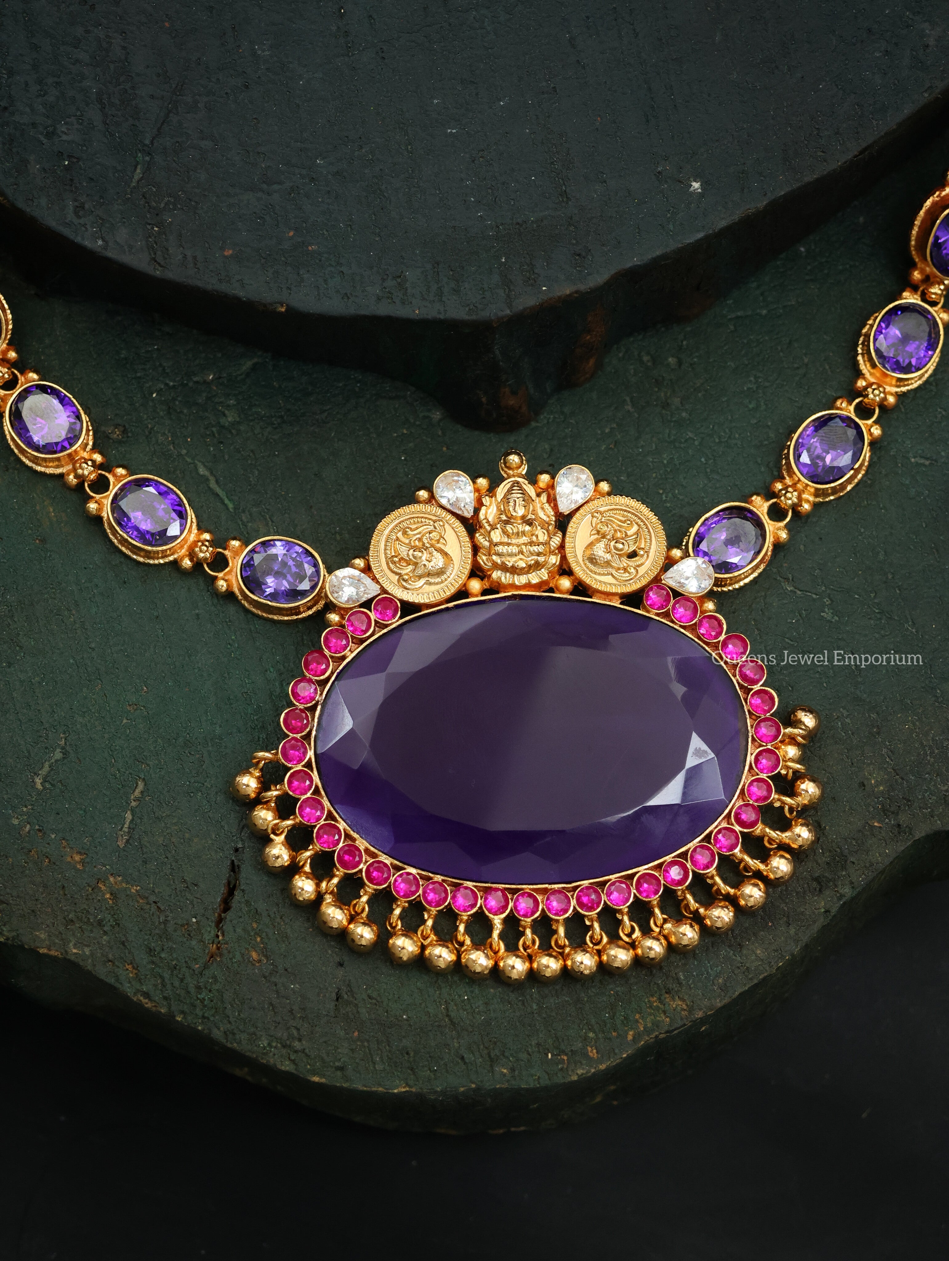 Violet color Haram, Nagas Lakshmi design Haram , Oval Pendant Haram