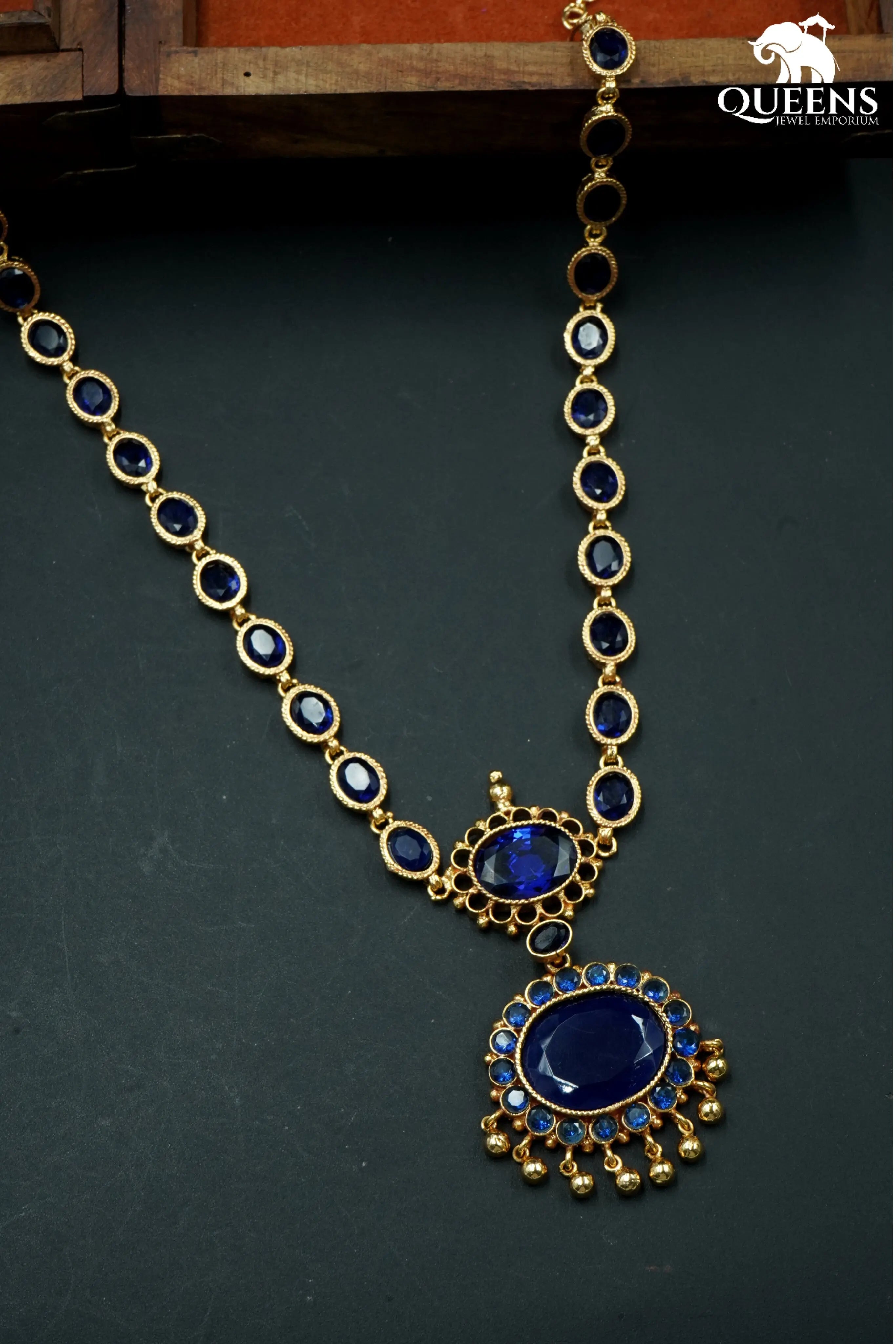 Gold ball hangings , Blue color stone Haram, Oval pendant 