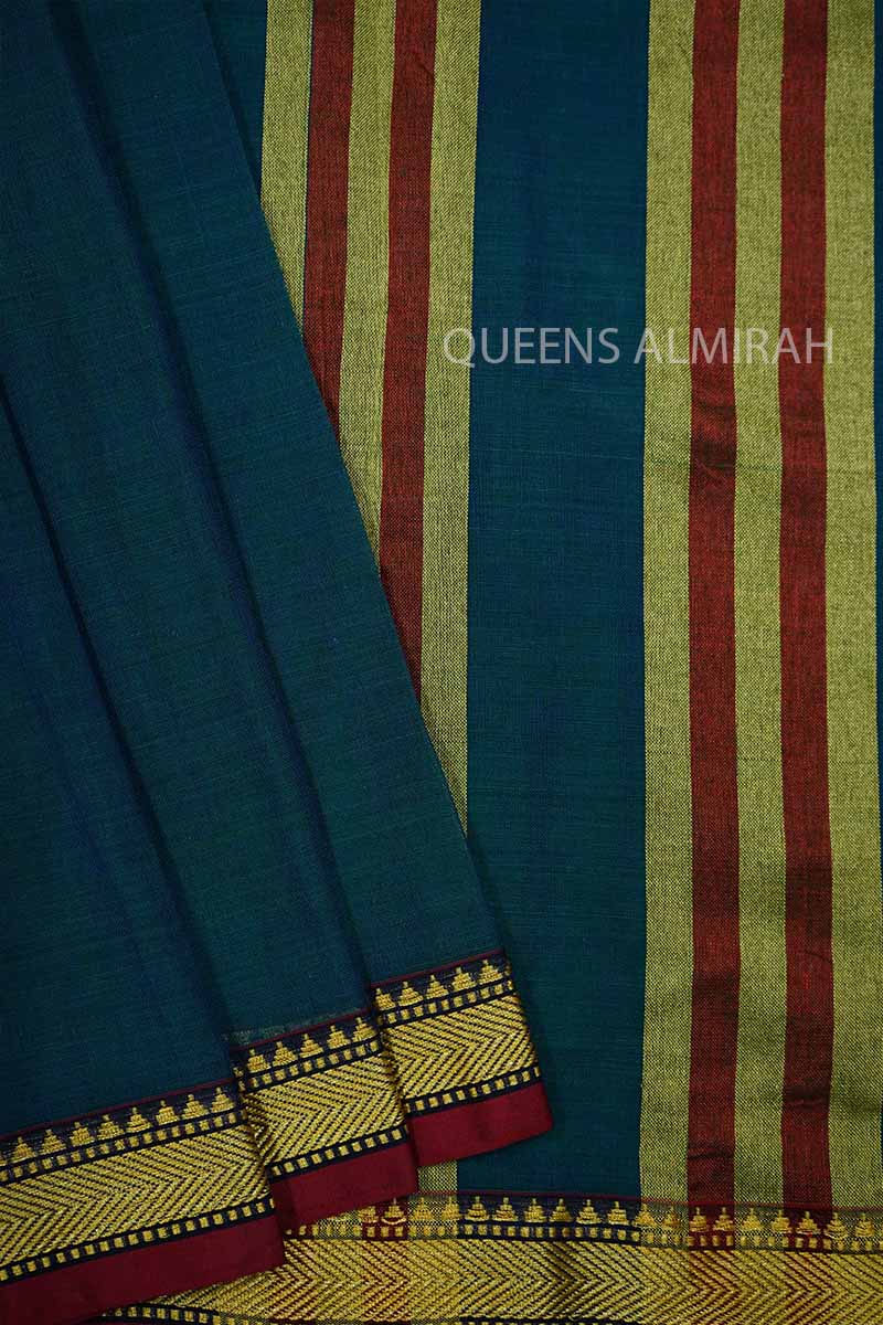 OCEAN BLUE WITH BURGUNDY THIN BORDER  NARAYANPET COTTON SAREE - Queens Jewel Emporium