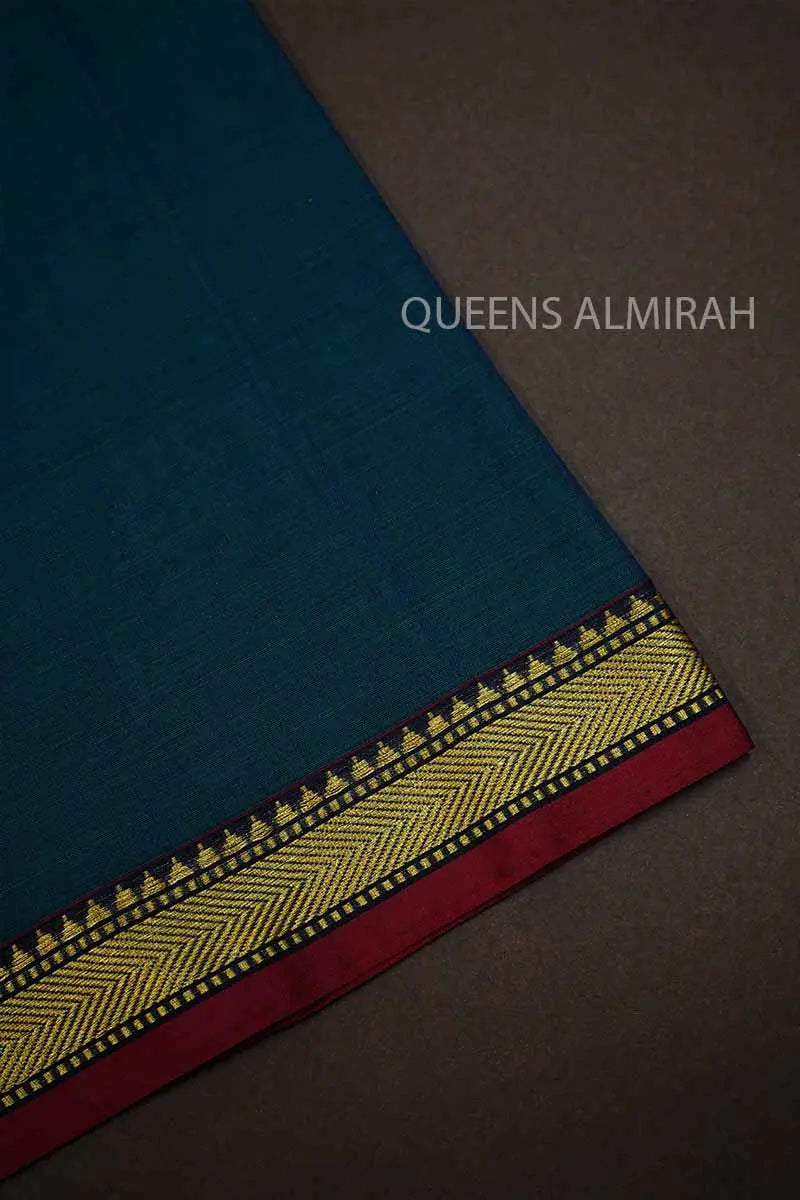 OCEAN BLUE WITH BURGUNDY THIN BORDER  NARAYANPET COTTON SAREE - Queens Jewel Emporium