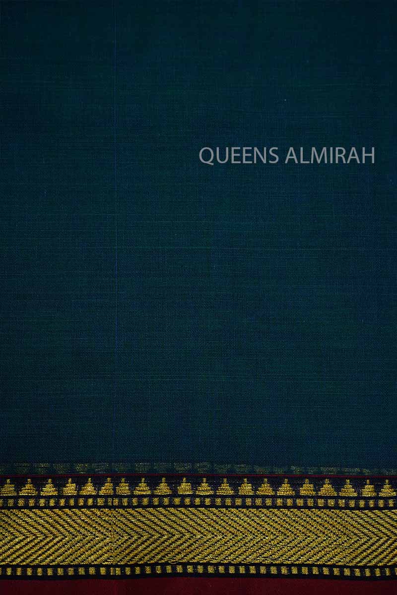 OCEAN BLUE WITH BURGUNDY THIN BORDER  NARAYANPET COTTON SAREE - Queens Jewel Emporium