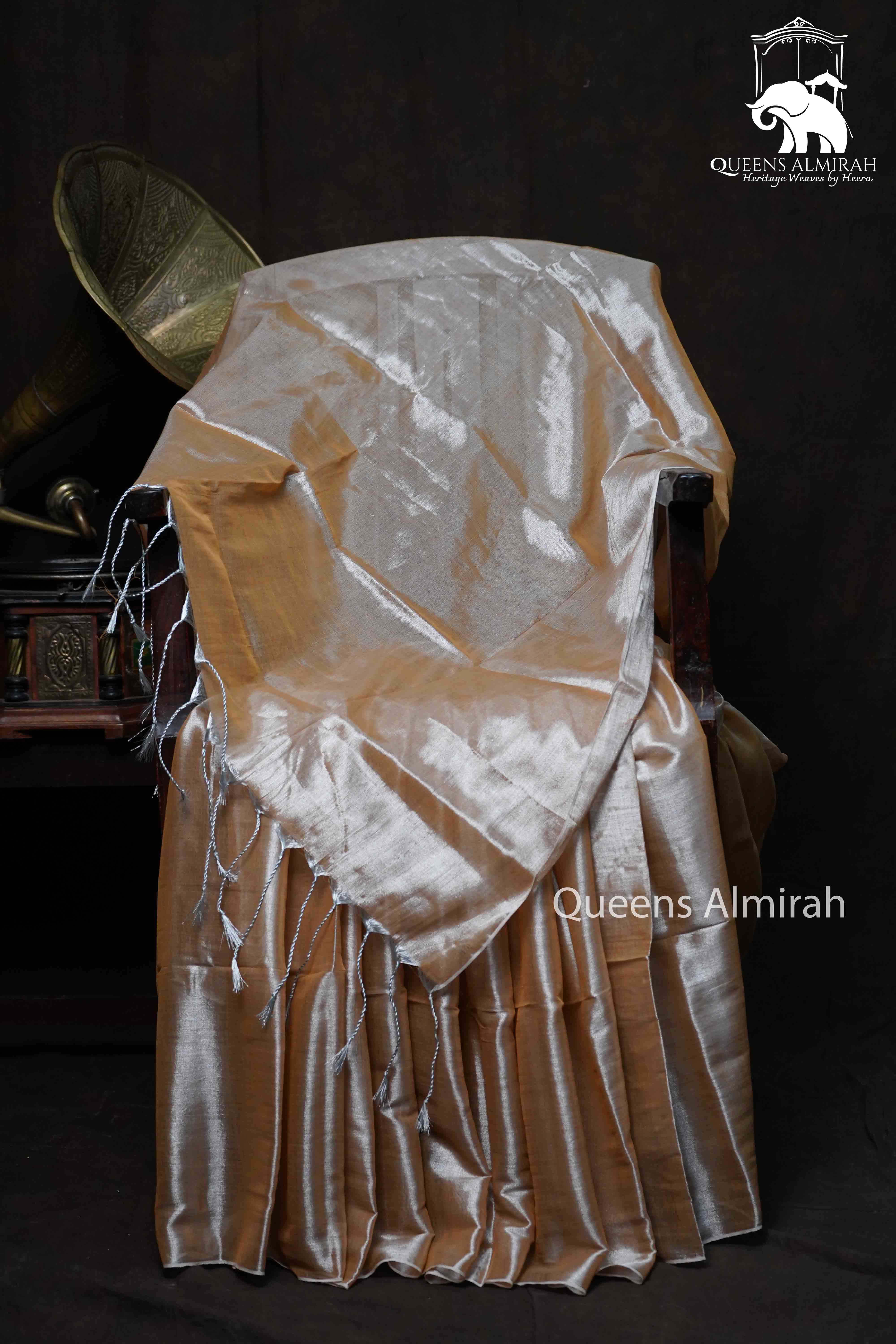 OFF WHITE LINEN TISSUE SAREE - Queens Jewel Emporium