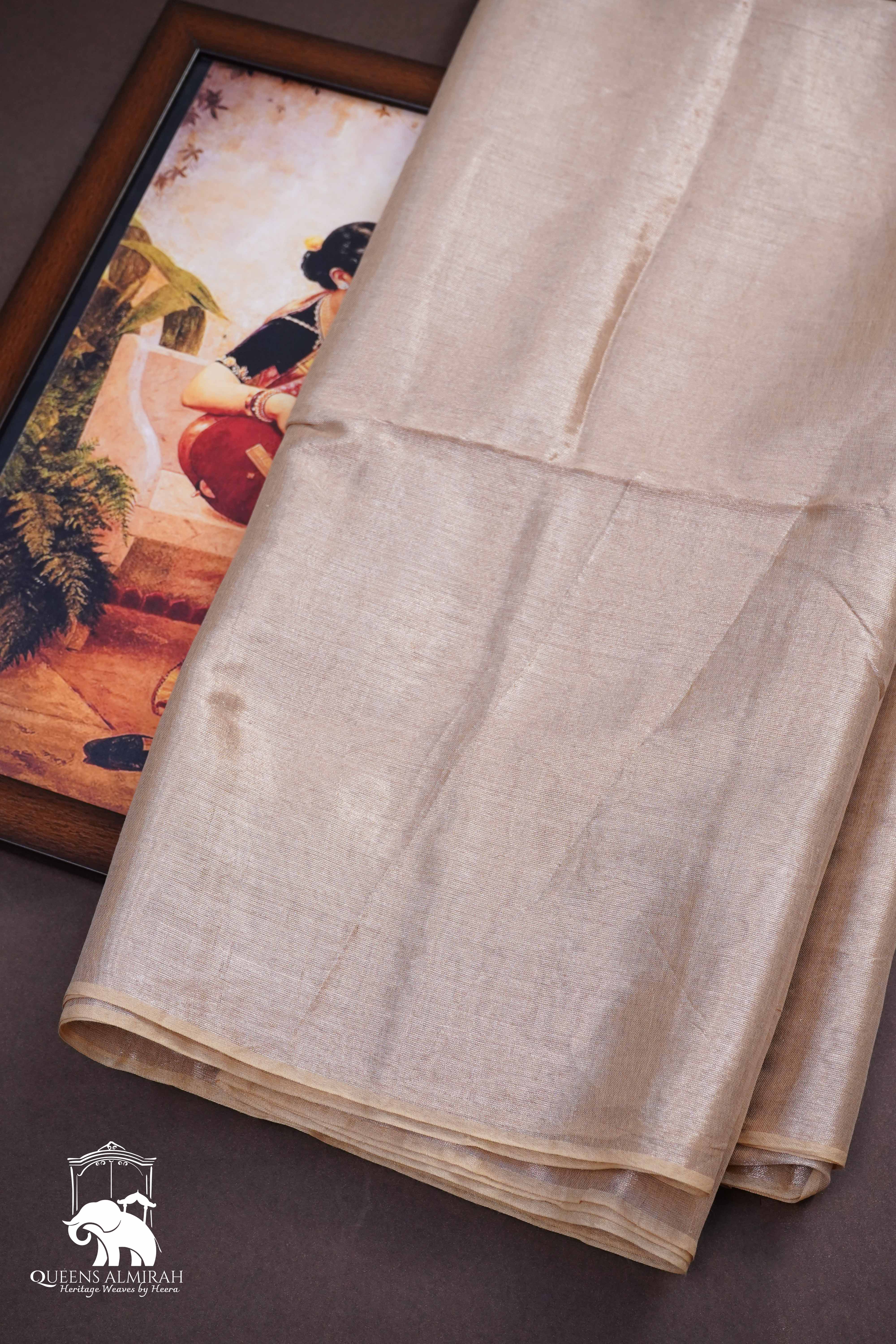 OFF WHITE LINEN TISSUE SAREE - Queens Jewel Emporium