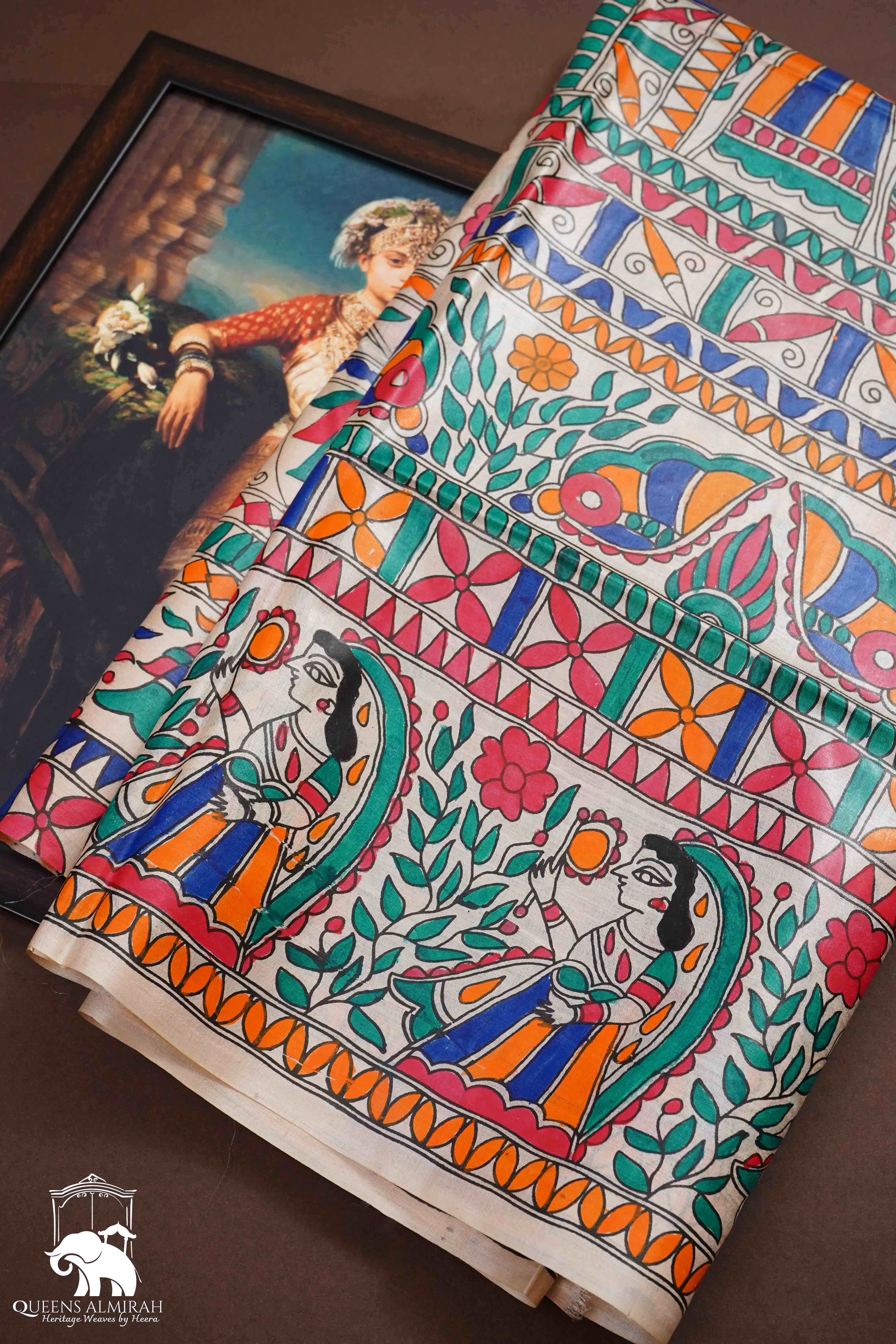 OFF WHITE MADHUBANI HAND PAINTED PURE TUSSAR SILK SAREE 11 - Queens Jewel Emporium