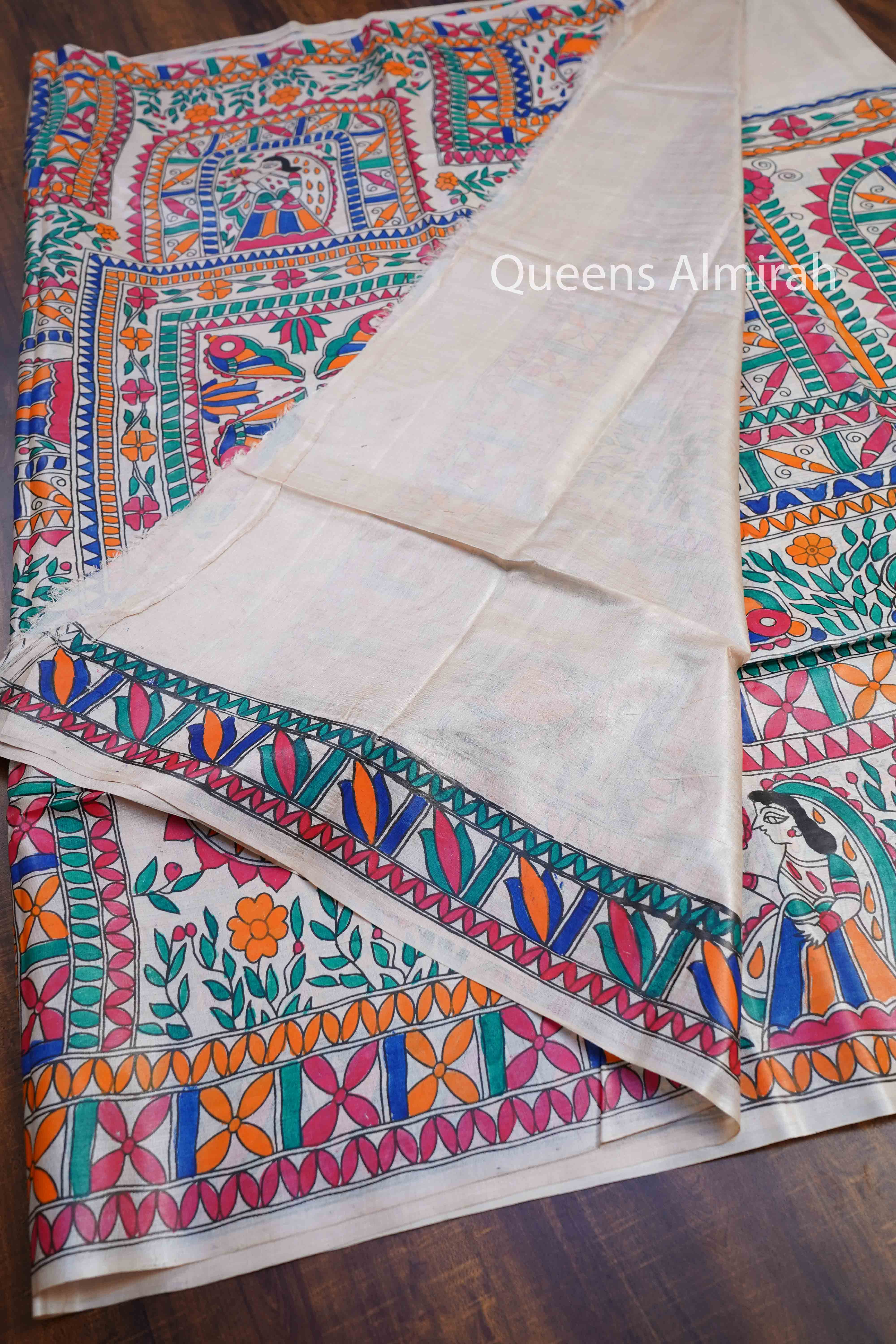 OFF WHITE MADHUBANI HAND PAINTED PURE TUSSAR SILK SAREE 11 - Queens Jewel Emporium