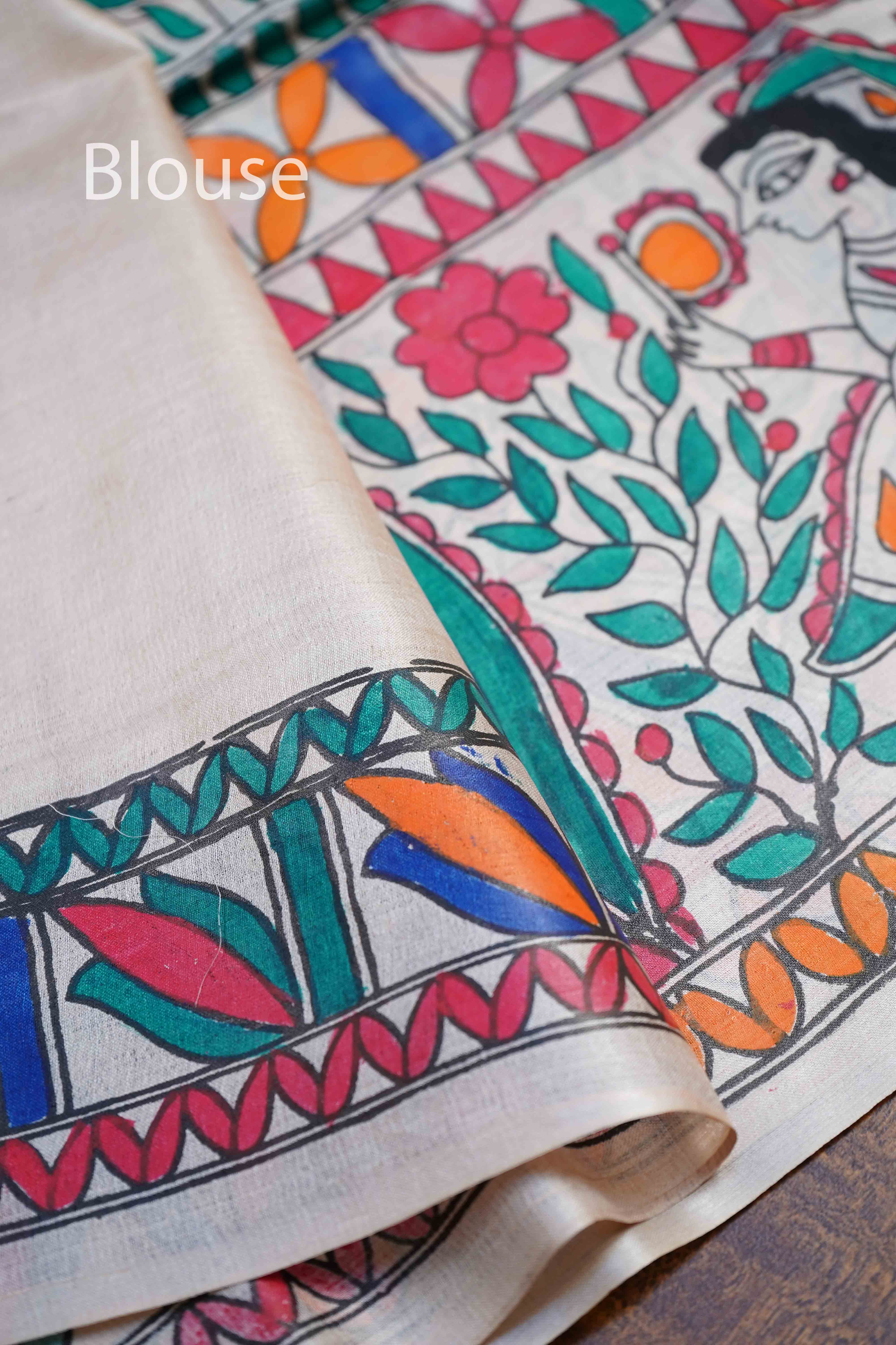 OFF WHITE MADHUBANI HAND PAINTED PURE TUSSAR SILK SAREE 11 - Queens Jewel Emporium