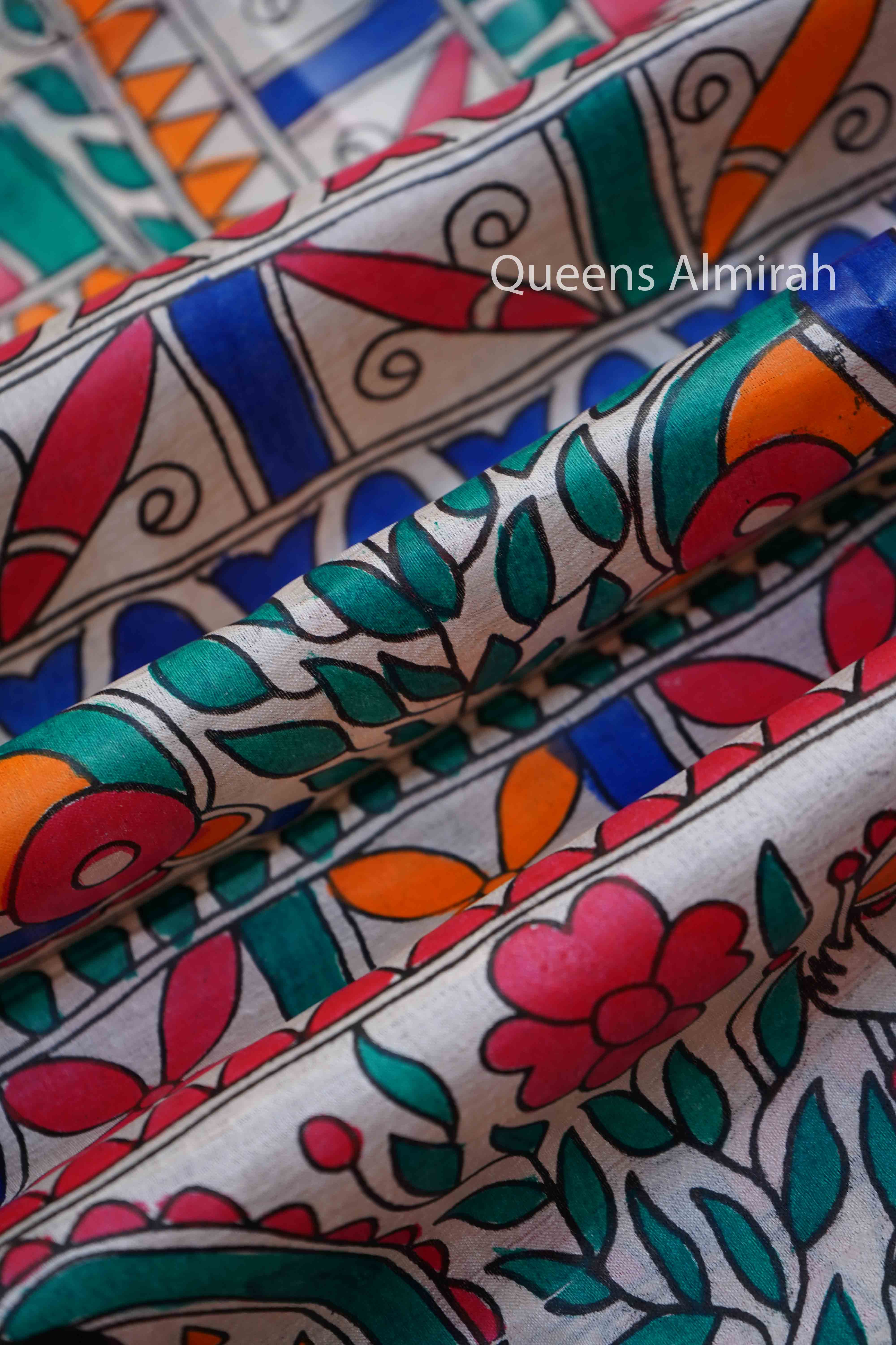 OFF WHITE MADHUBANI HAND PAINTED PURE TUSSAR SILK SAREE 11 - Queens Jewel Emporium