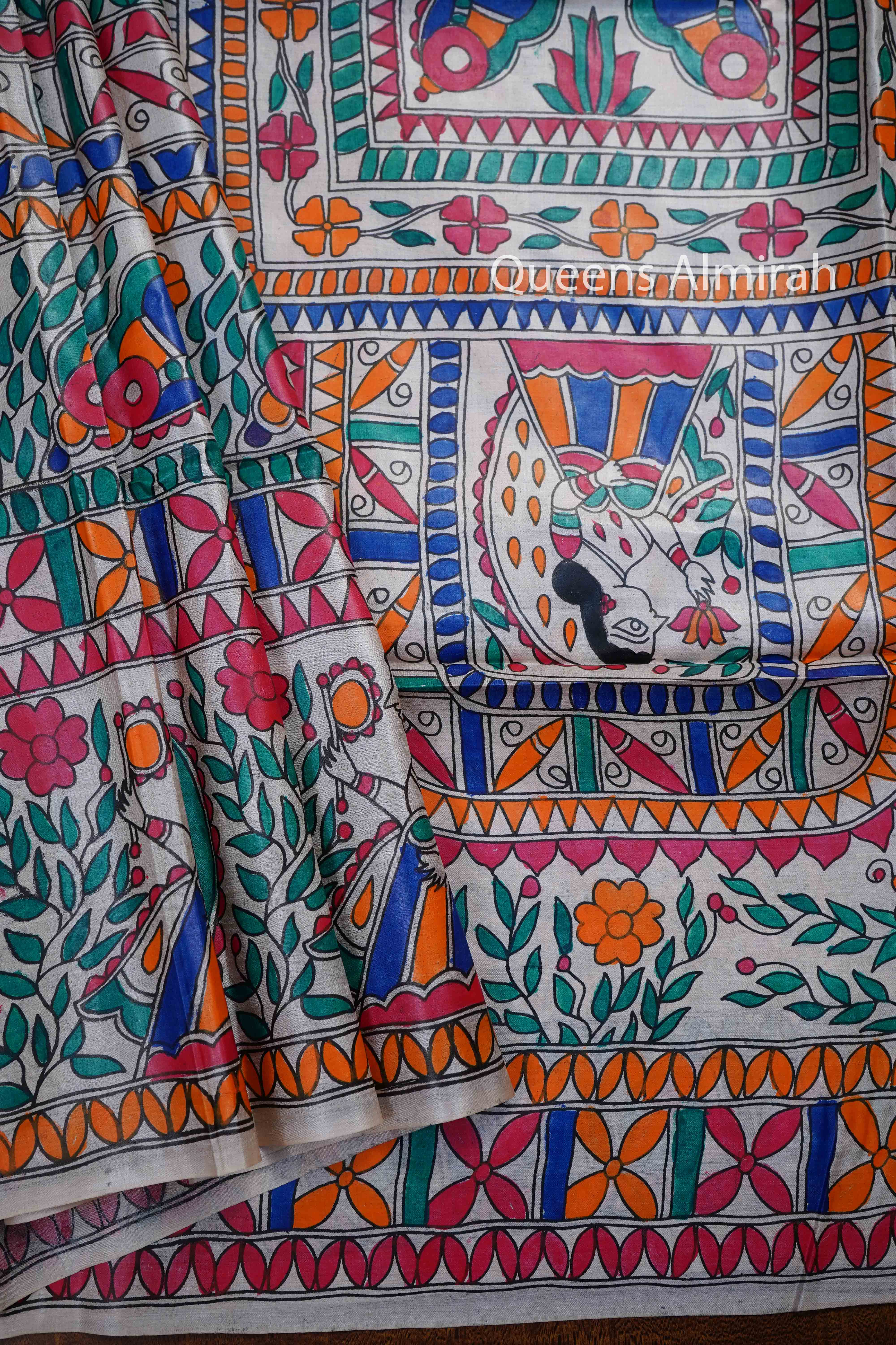 OFF WHITE MADHUBANI HAND PAINTED PURE TUSSAR SILK SAREE 11 - Queens Jewel Emporium