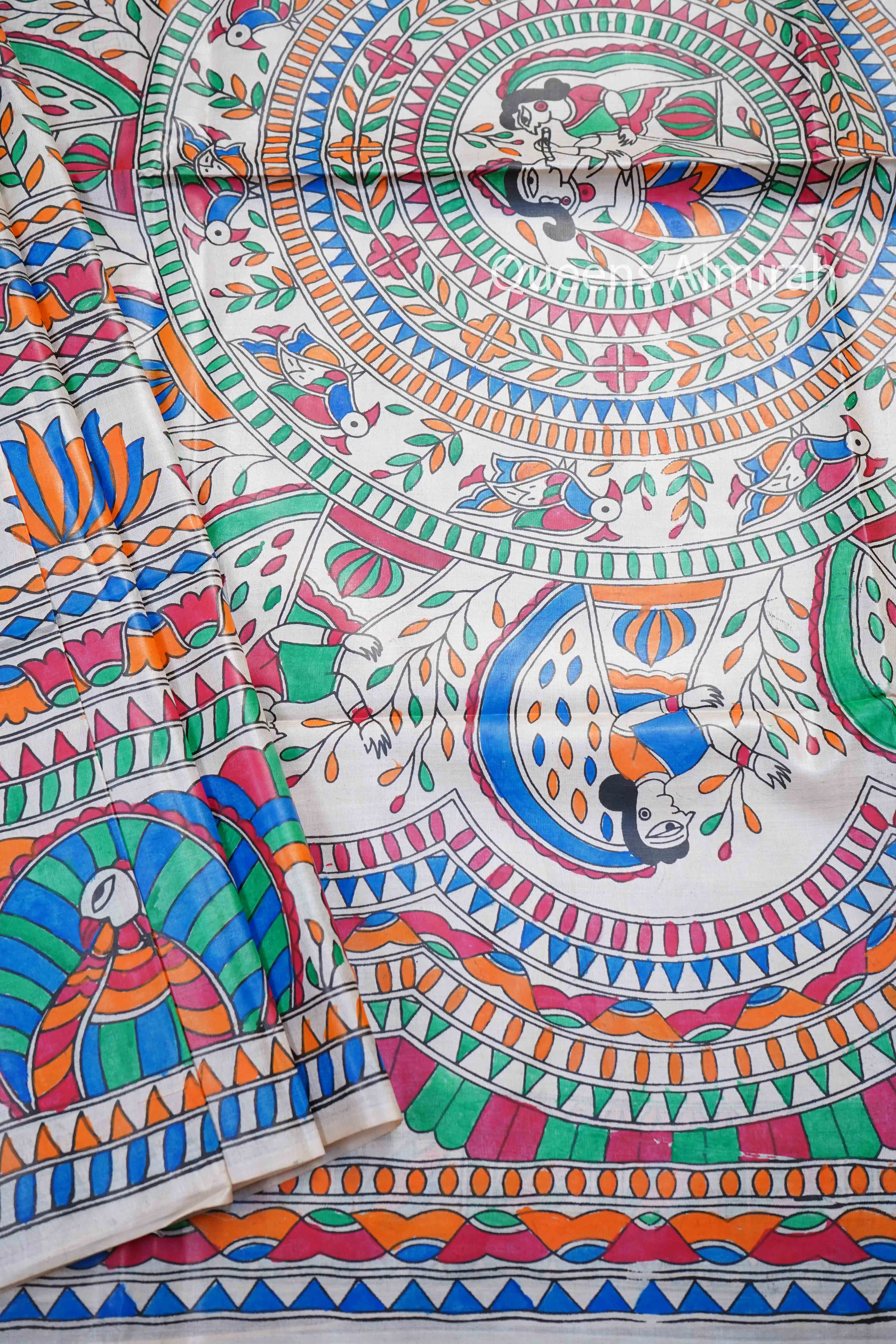 OFF WHITE MADHUBANI HAND PAINTED PURE TUSSAR SILK SAREE 13 - Queens Jewel Emporium