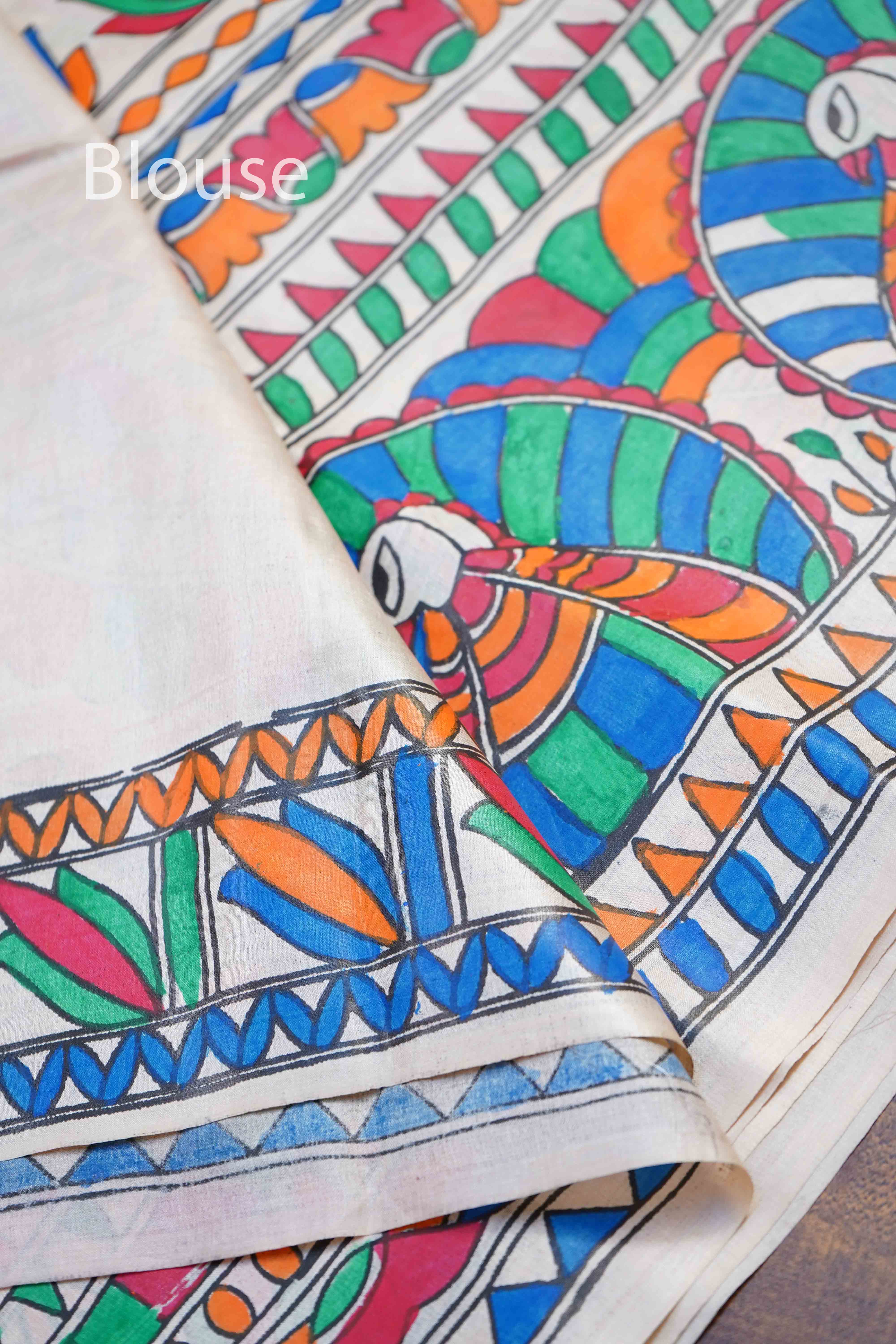 OFF WHITE MADHUBANI HAND PAINTED PURE TUSSAR SILK SAREE 13 - Queens Jewel Emporium