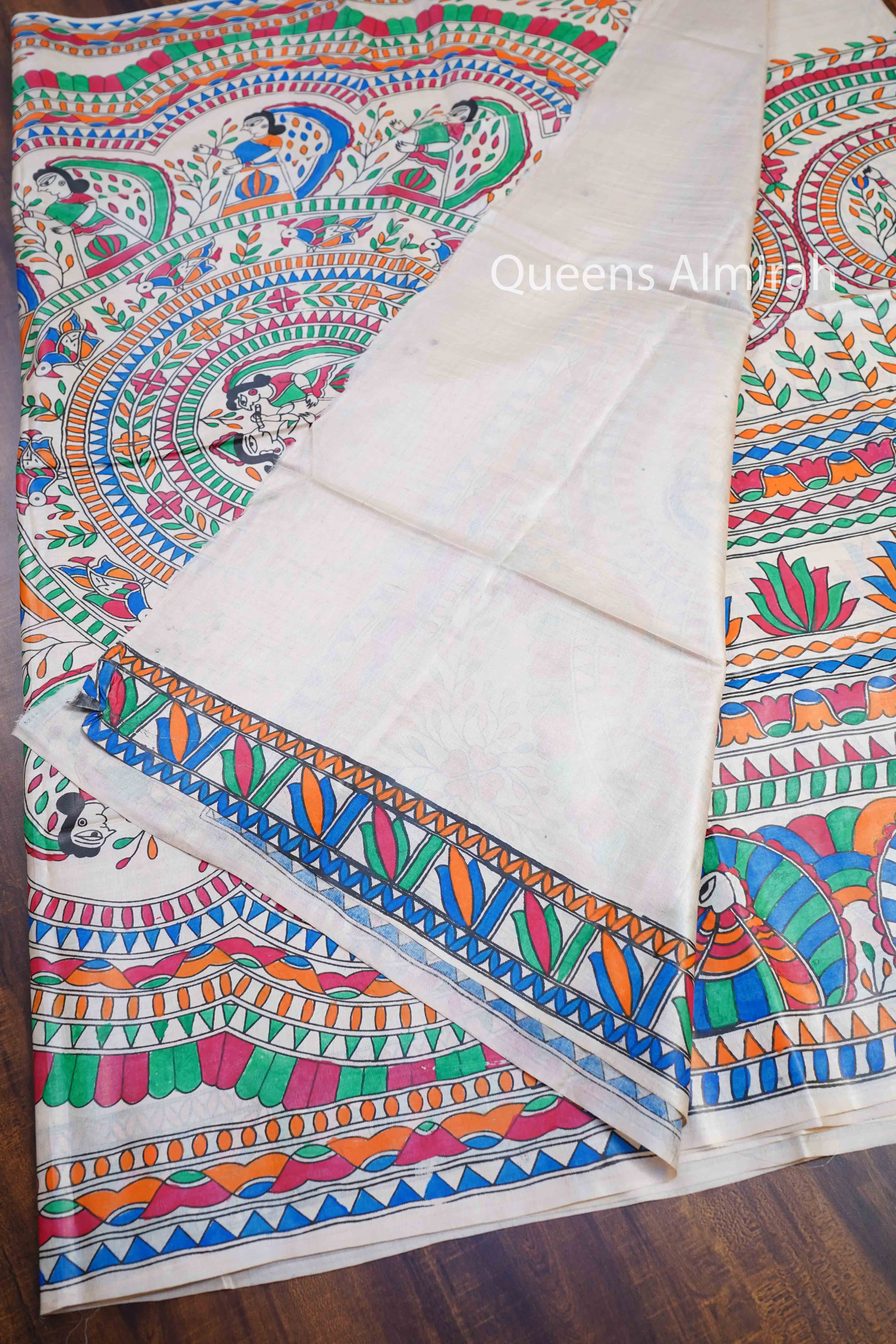 OFF WHITE MADHUBANI HAND PAINTED PURE TUSSAR SILK SAREE 13 - Queens Jewel Emporium