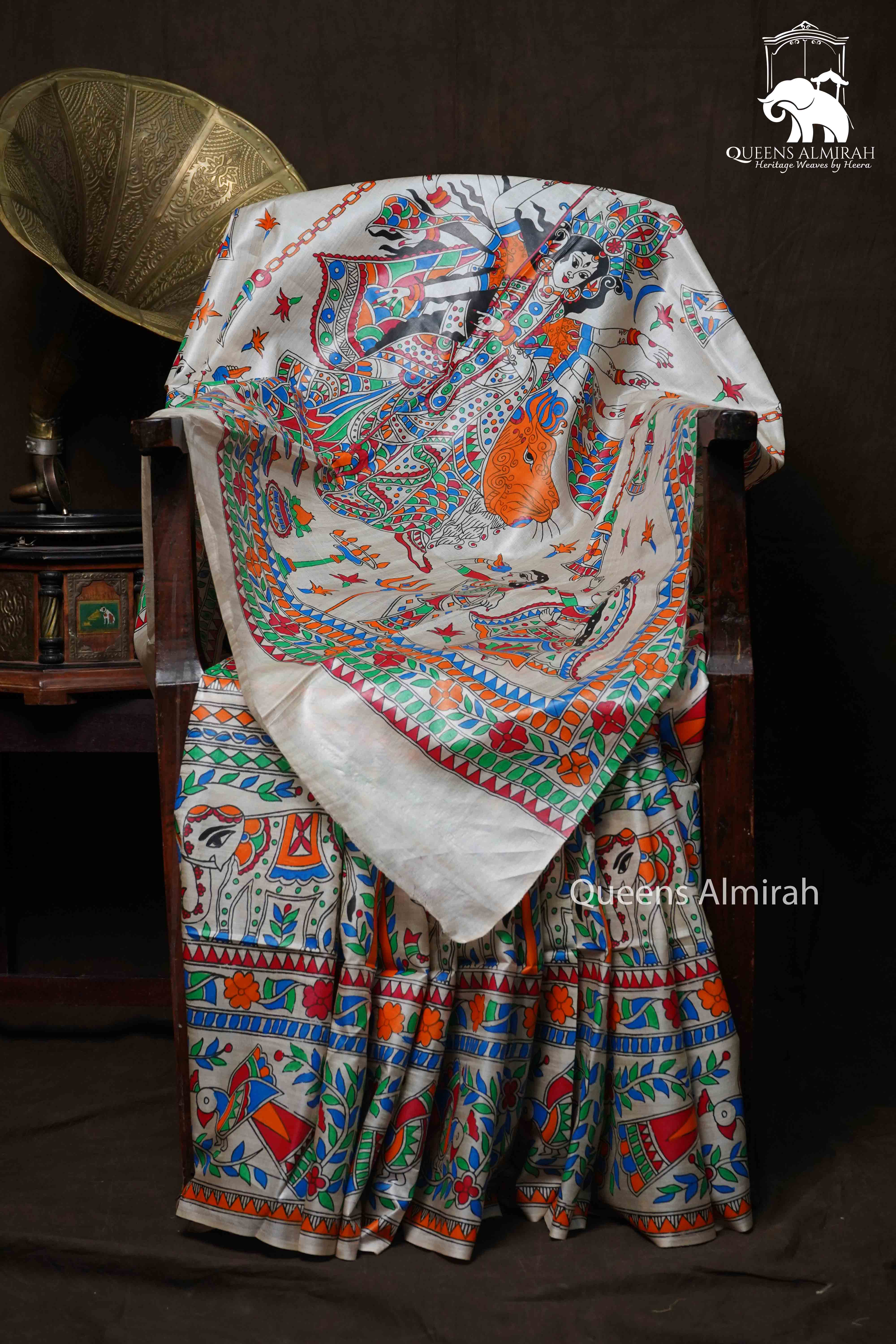 OFF WHITE MADHUBANI HAND PAINTED PURE TUSSAR SILK SAREE 14 - Queens Jewel Emporium