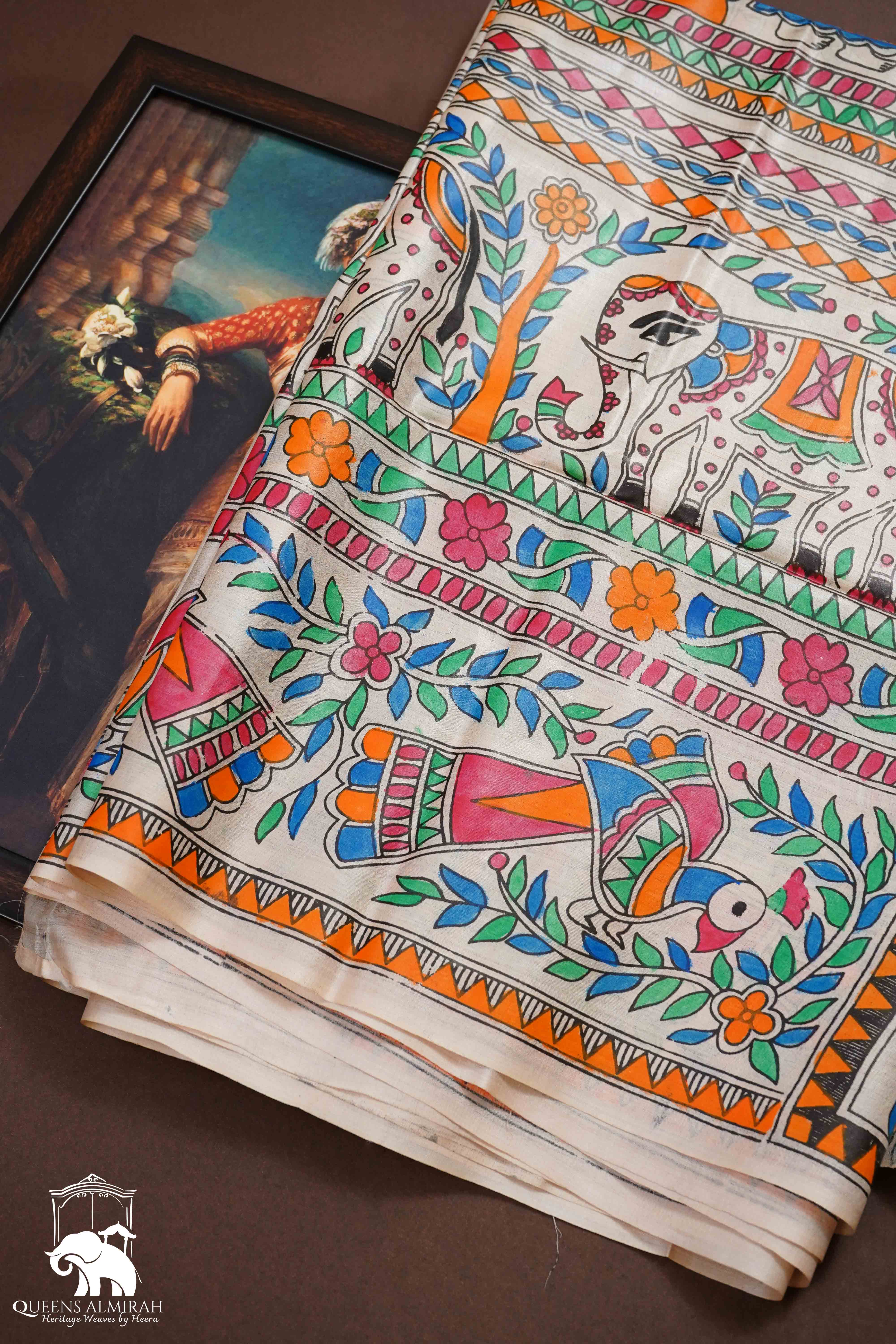 OFF WHITE MADHUBANI HAND PAINTED PURE TUSSAR SILK SAREE 14 - Queens Jewel Emporium