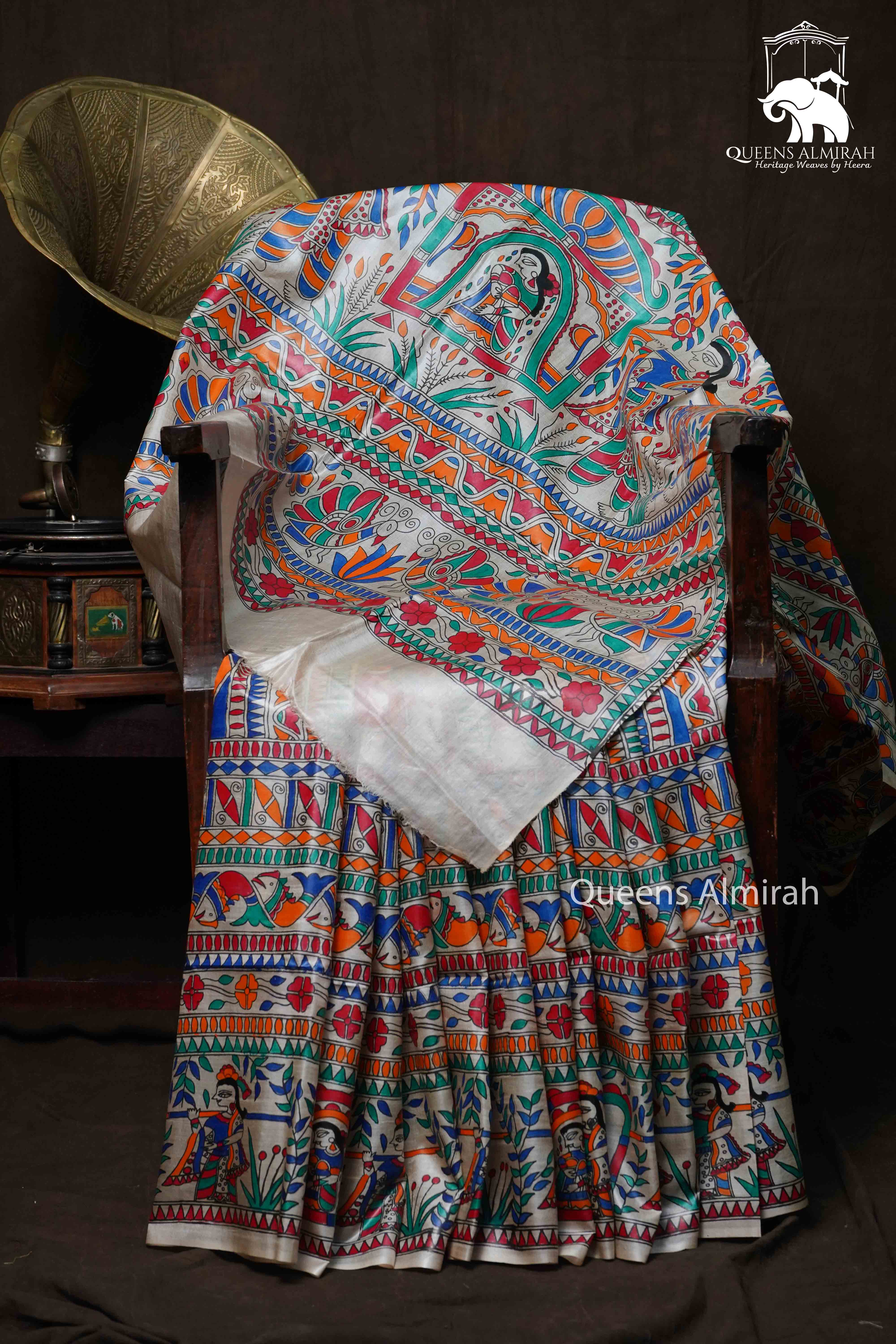 OFF WHITE MADHUBANI HAND PAINTED PURE TUSSAR SILK SAREE 5 - Queens Jewel Emporium