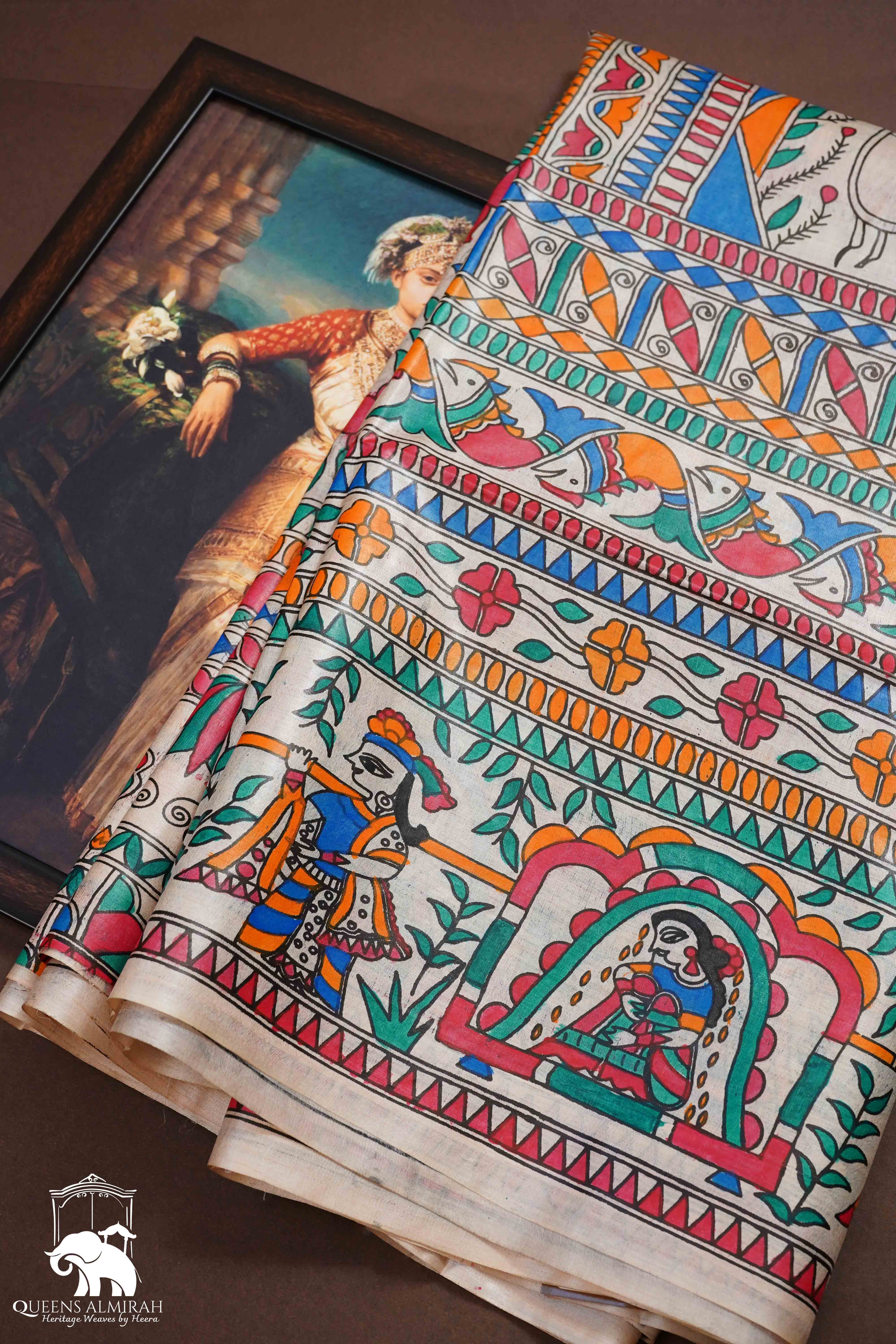 OFF WHITE MADHUBANI HAND PAINTED PURE TUSSAR SILK SAREE 5 - Queens Jewel Emporium