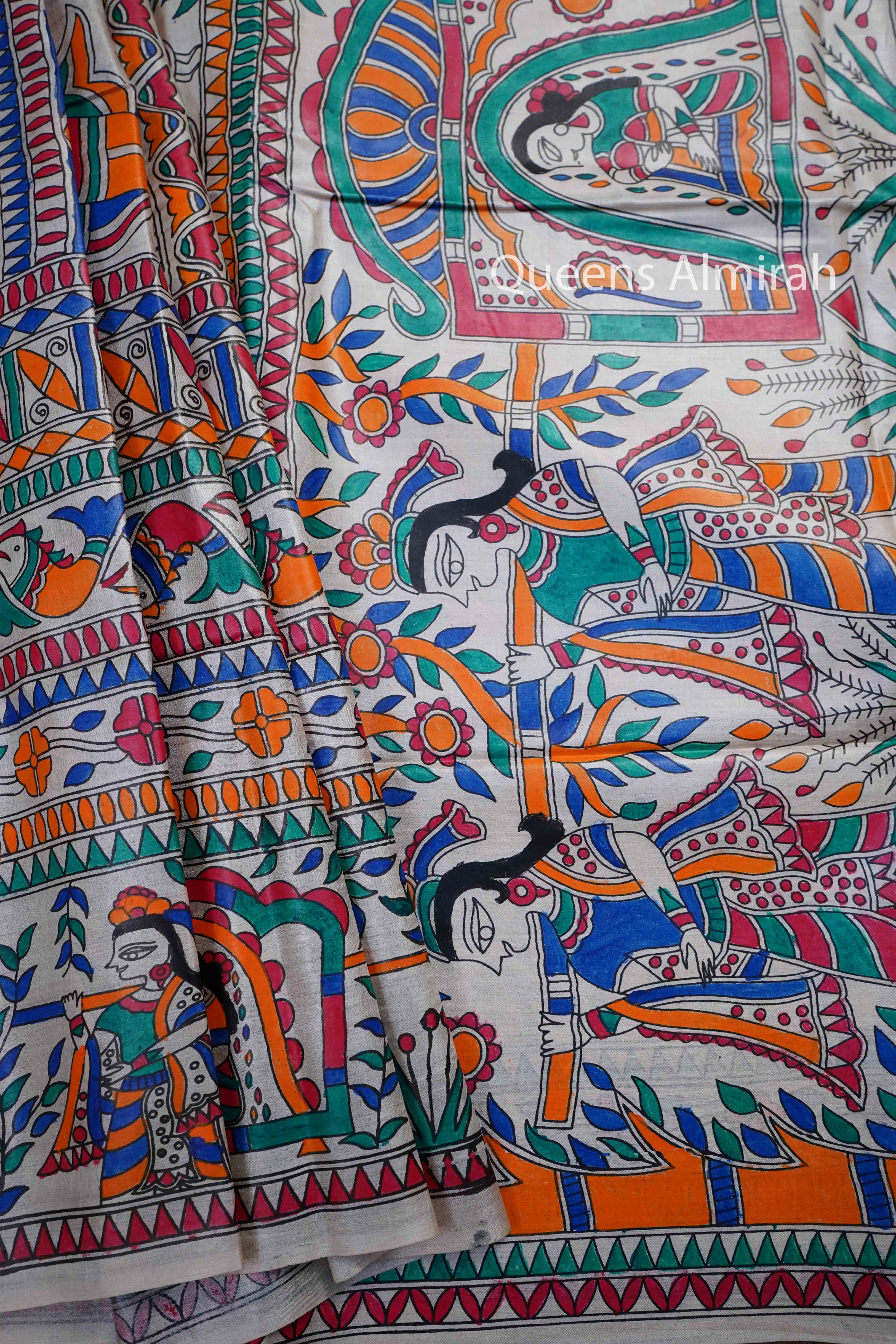 OFF WHITE MADHUBANI HAND PAINTED PURE TUSSAR SILK SAREE 5 - Queens Jewel Emporium