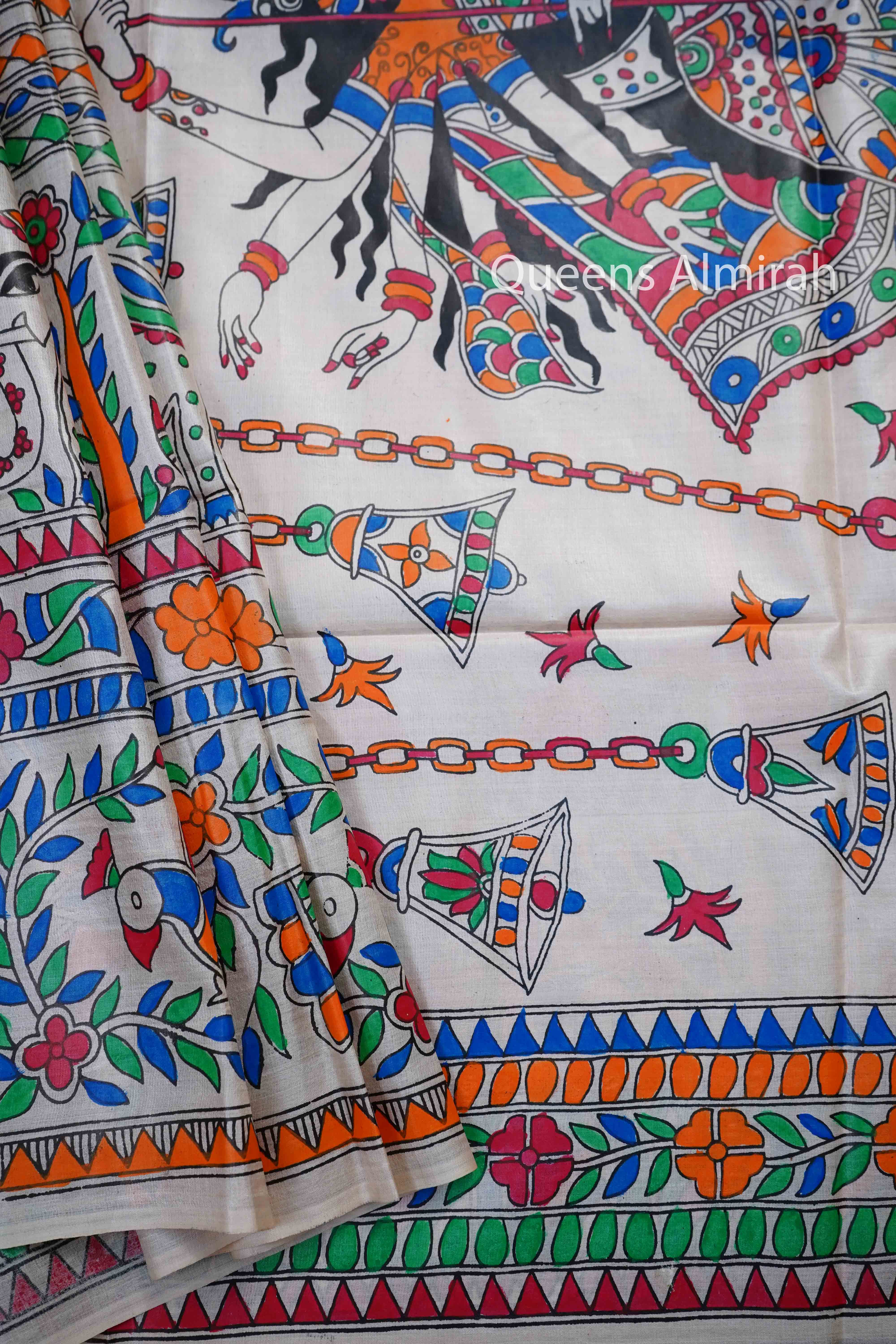 OFF WHITE MADHUBANI HAND PAINTED PURE TUSSAR SILK SAREE 5 - Queens Jewel Emporium