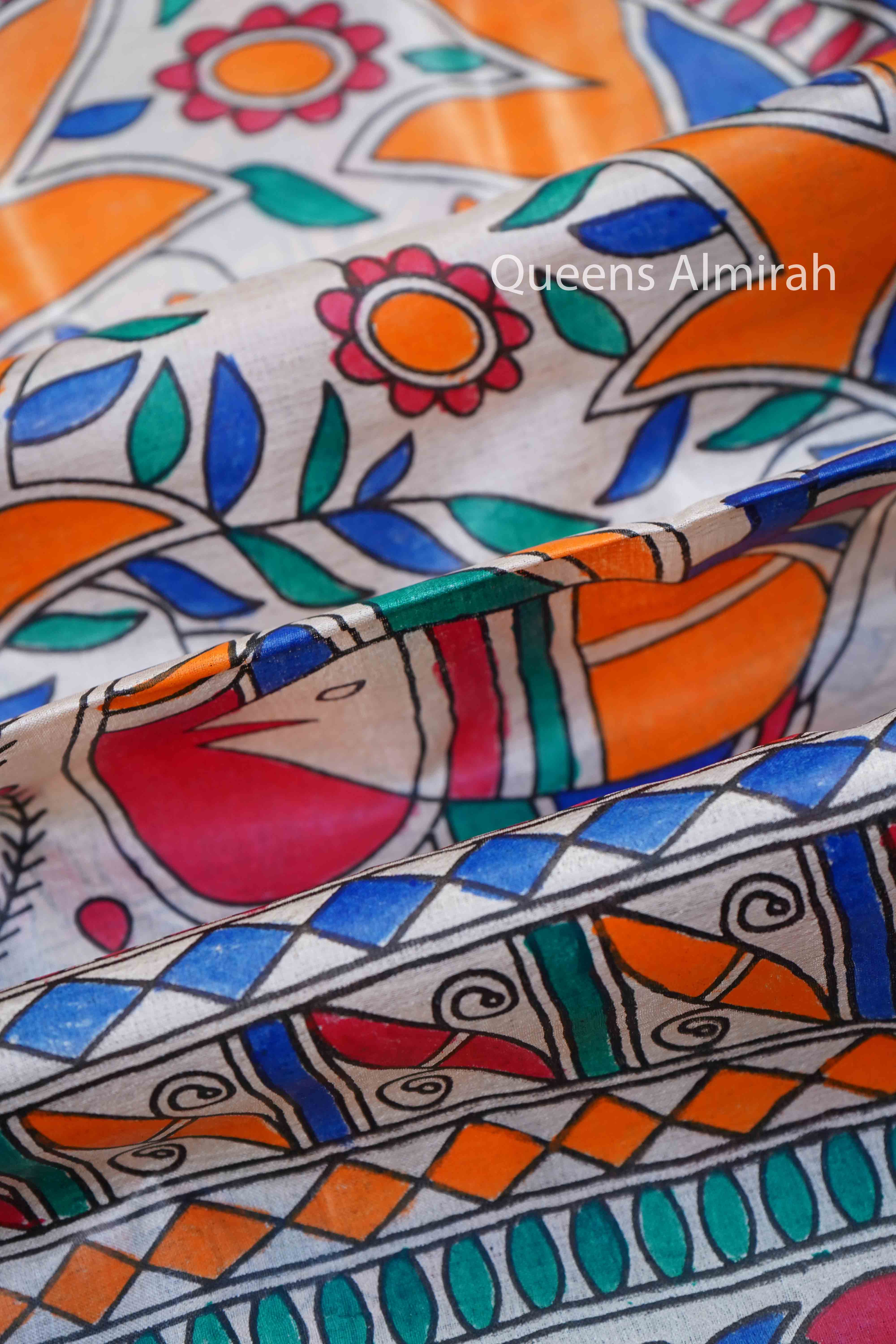 OFF WHITE MADHUBANI HAND PAINTED PURE TUSSAR SILK SAREE 5 - Queens Jewel Emporium