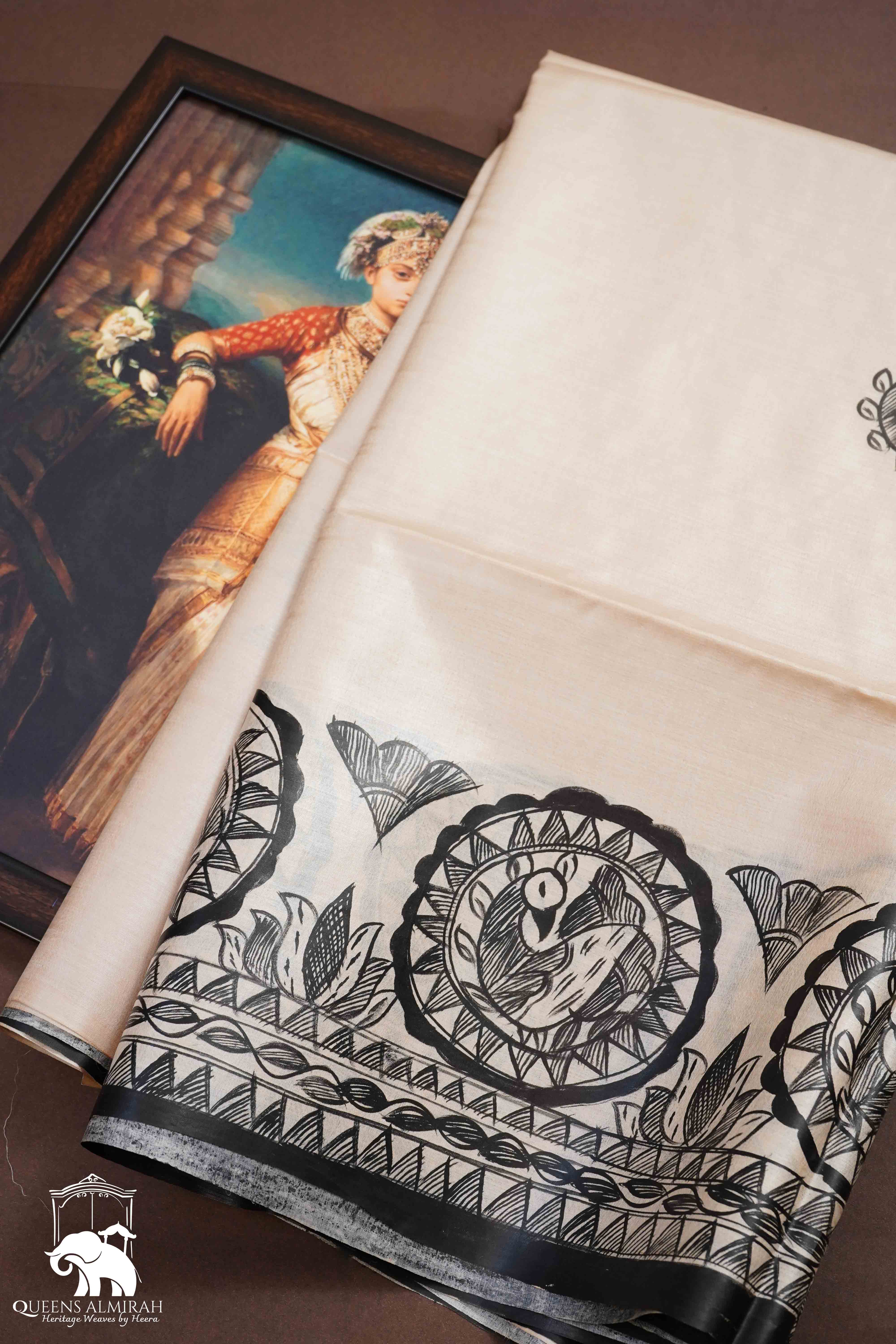 OFF WHITE OFF WHITE MADHUBANI HAND PAINTED PURE TUSSAR SILK SAREE 16 - Queens Jewel Emporium
