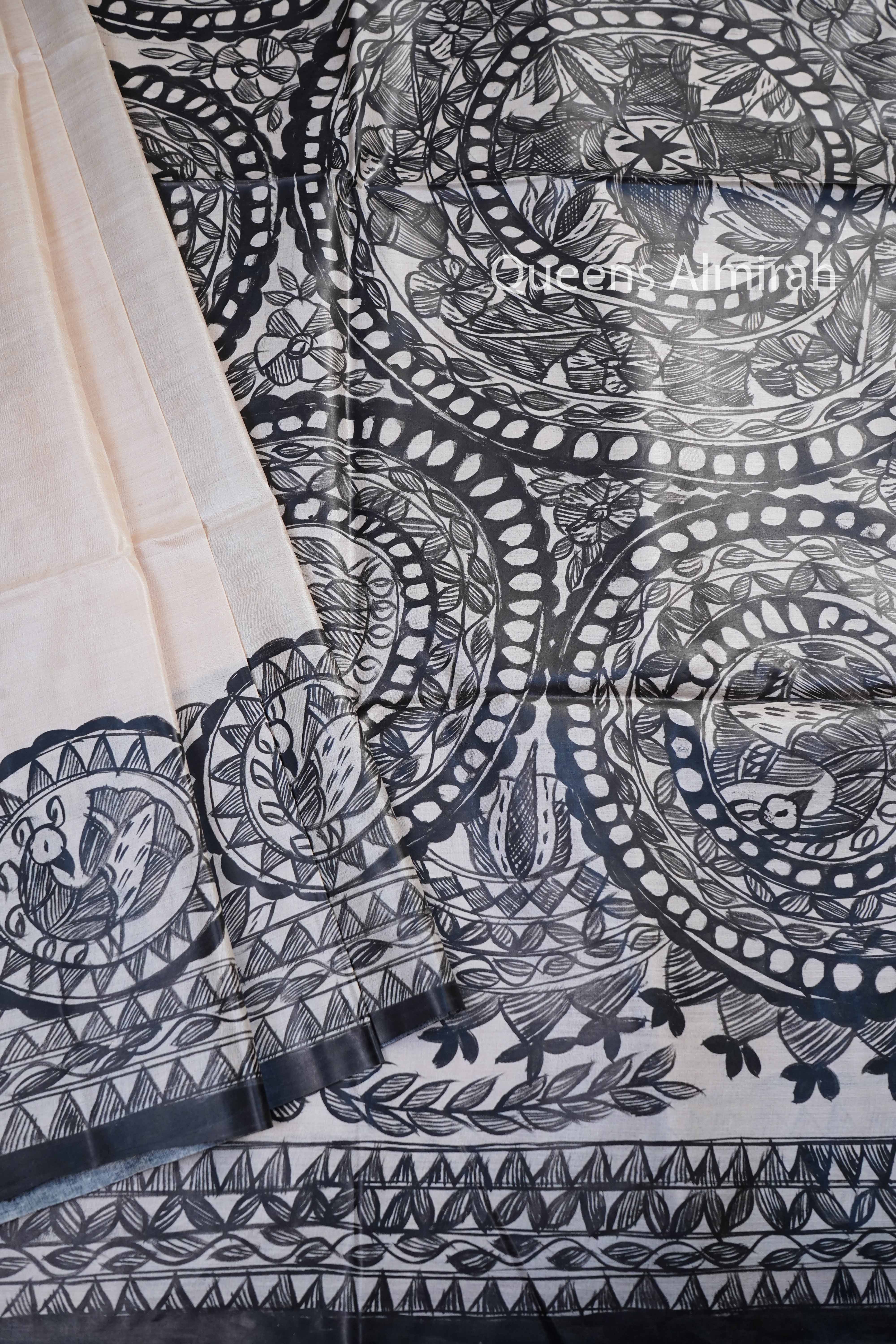 OFF WHITE OFF WHITE MADHUBANI HAND PAINTED PURE TUSSAR SILK SAREE 16 - Queens Jewel Emporium