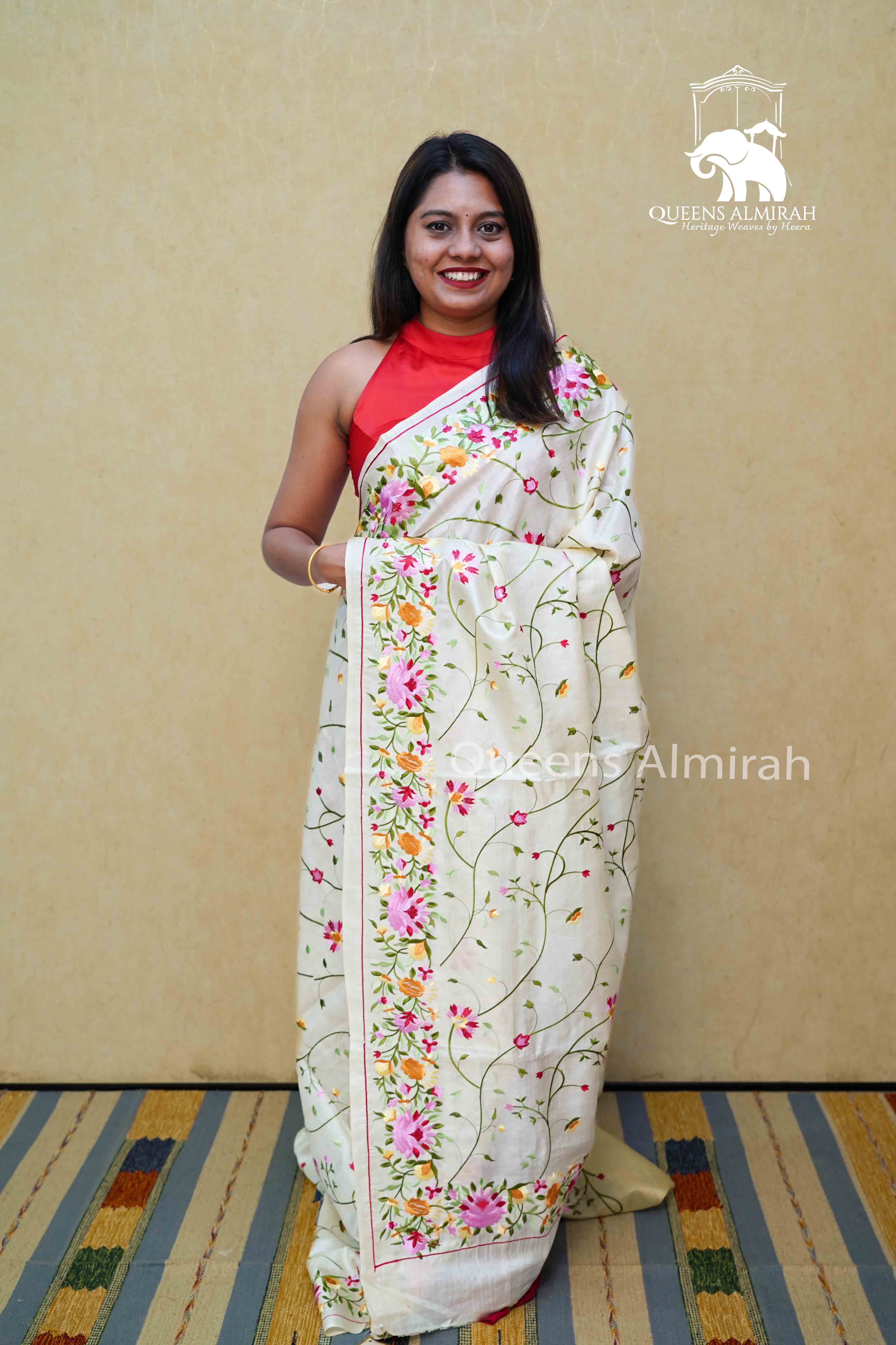 OFF WHITE PURE TUSSUR SILK PARSI EMBROIDERY SAREE - Queens Jewel Emporium