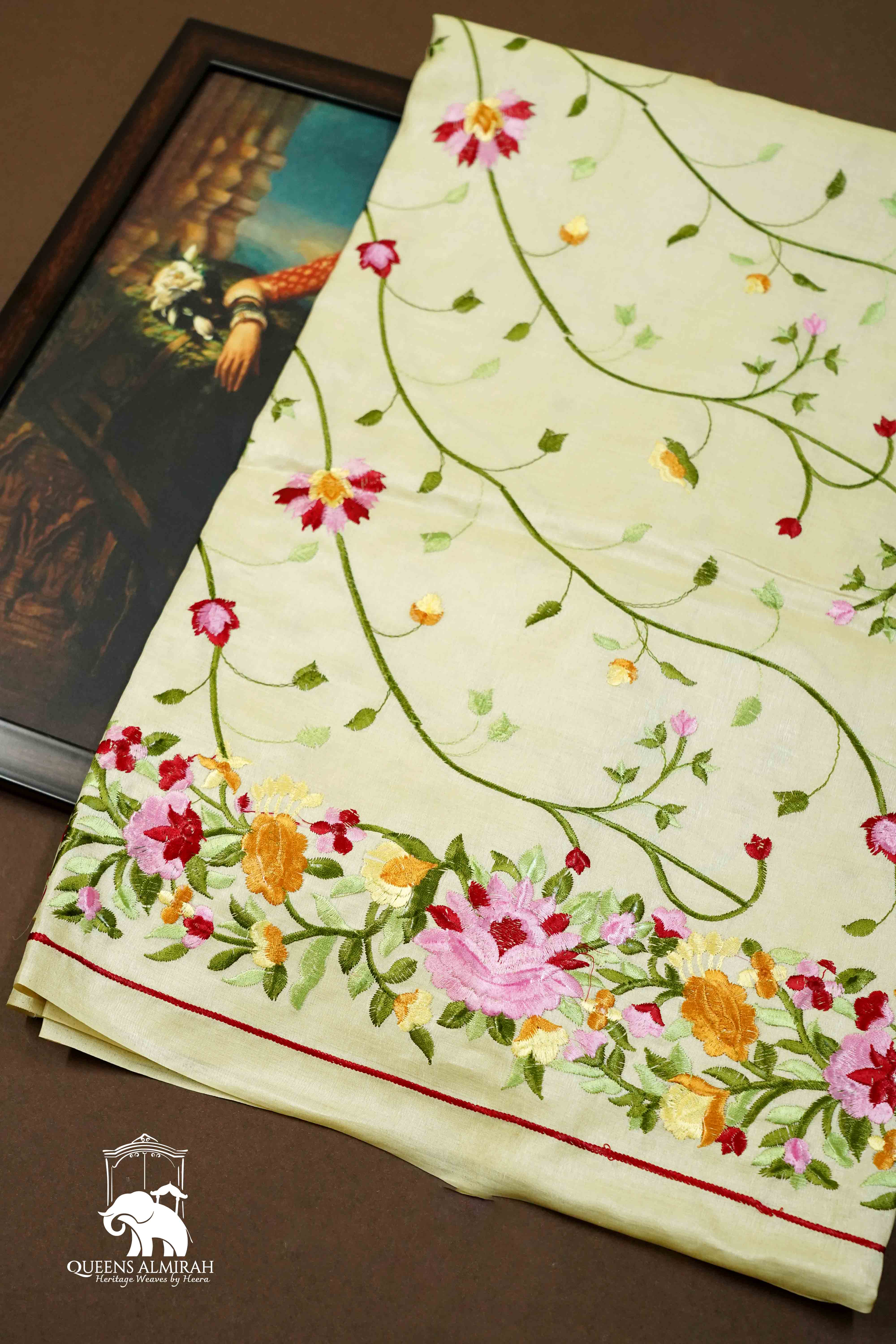 OFF WHITE PURE TUSSUR SILK PARSI EMBROIDERY SAREE - Queens Jewel Emporium