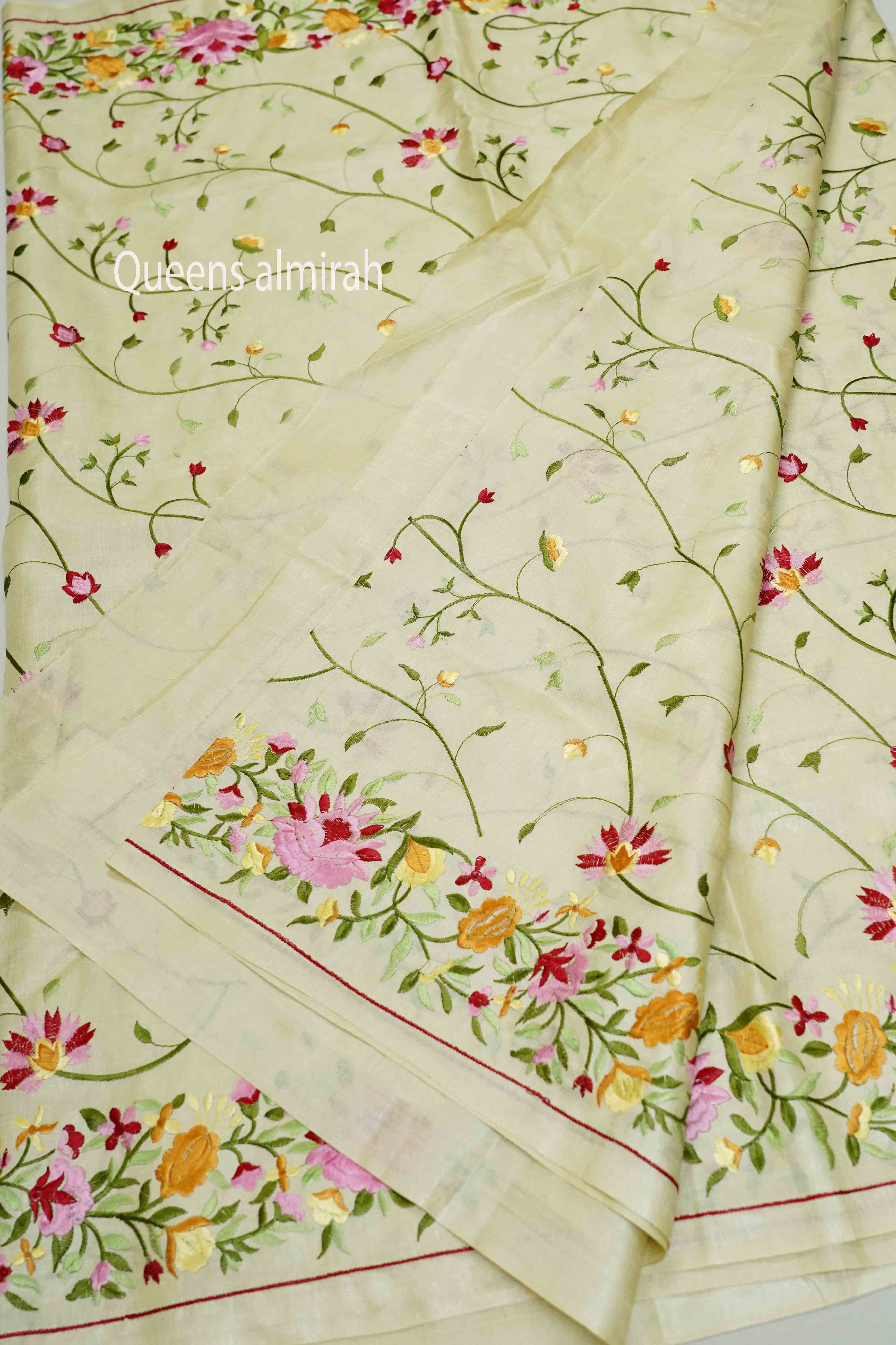 OFF WHITE PURE TUSSUR SILK PARSI EMBROIDERY SAREE - Queens Jewel Emporium