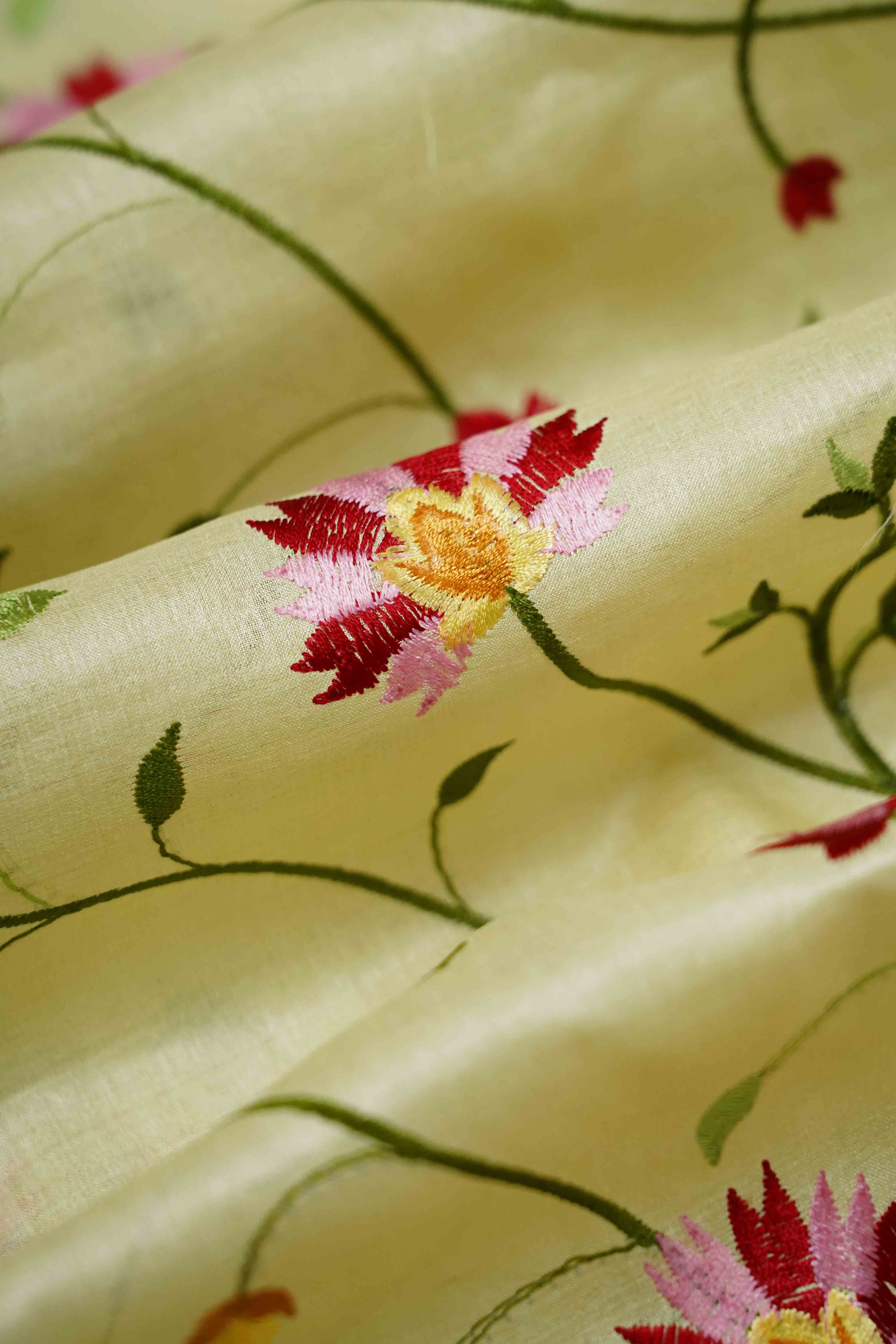OFF WHITE PURE TUSSUR SILK PARSI EMBROIDERY SAREE - Queens Jewel Emporium