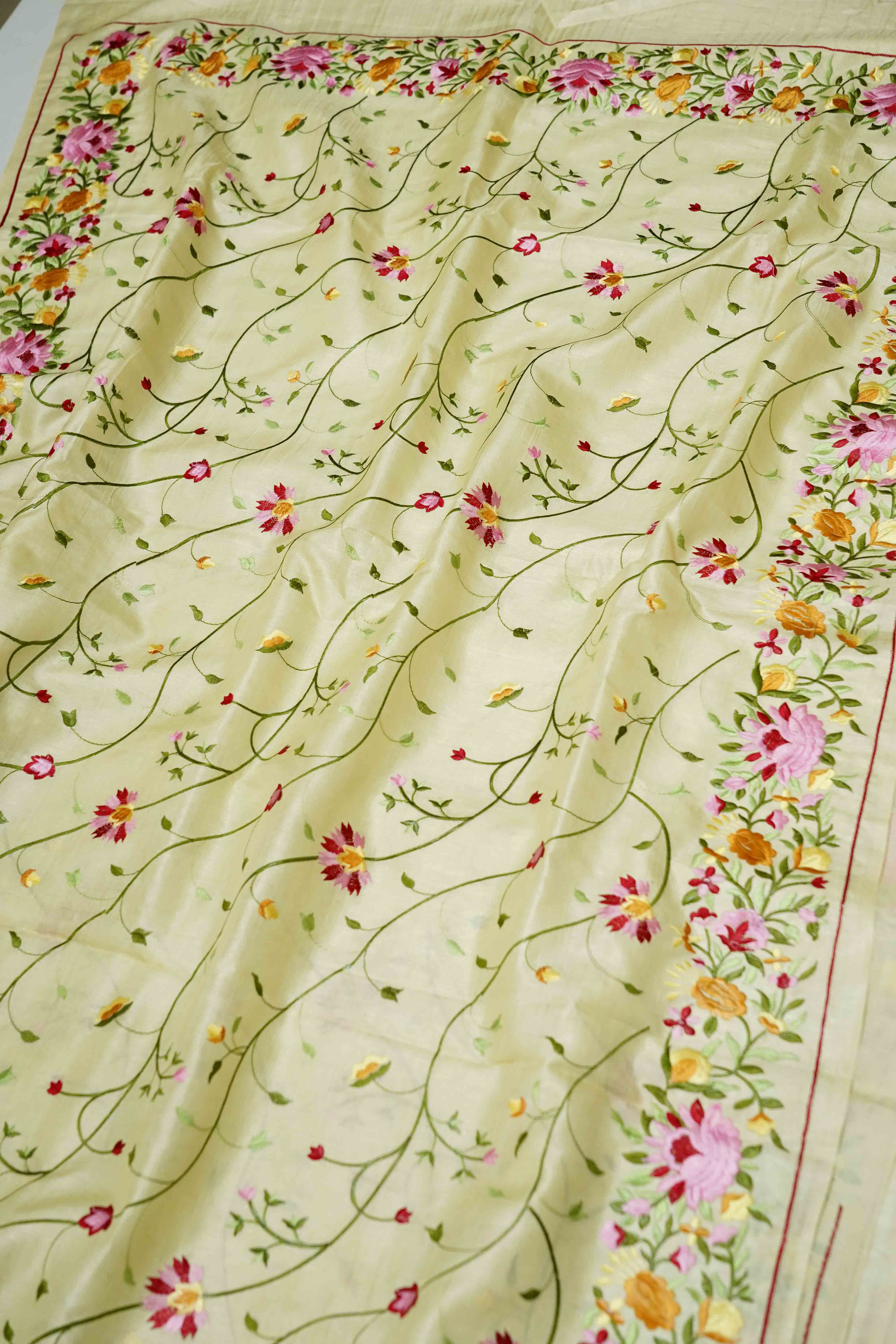 OFF WHITE PURE TUSSUR SILK PARSI EMBROIDERY SAREE - Queens Jewel Emporium