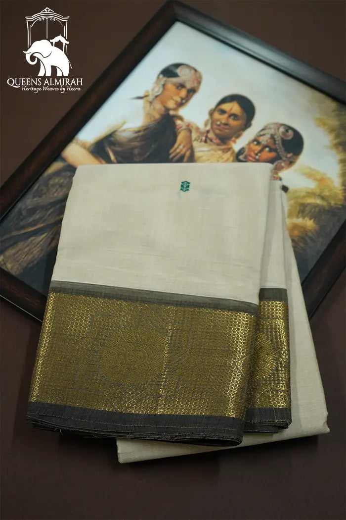 OFF WHITE WITH DAVY GREY KANCHI COTTON SAREE - Queens Jewel Emporium
