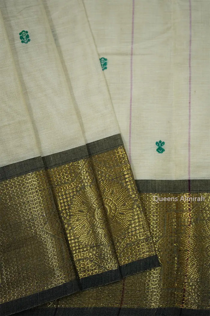 OFF WHITE WITH DAVY GREY KANCHI COTTON SAREE - Queens Jewel Emporium