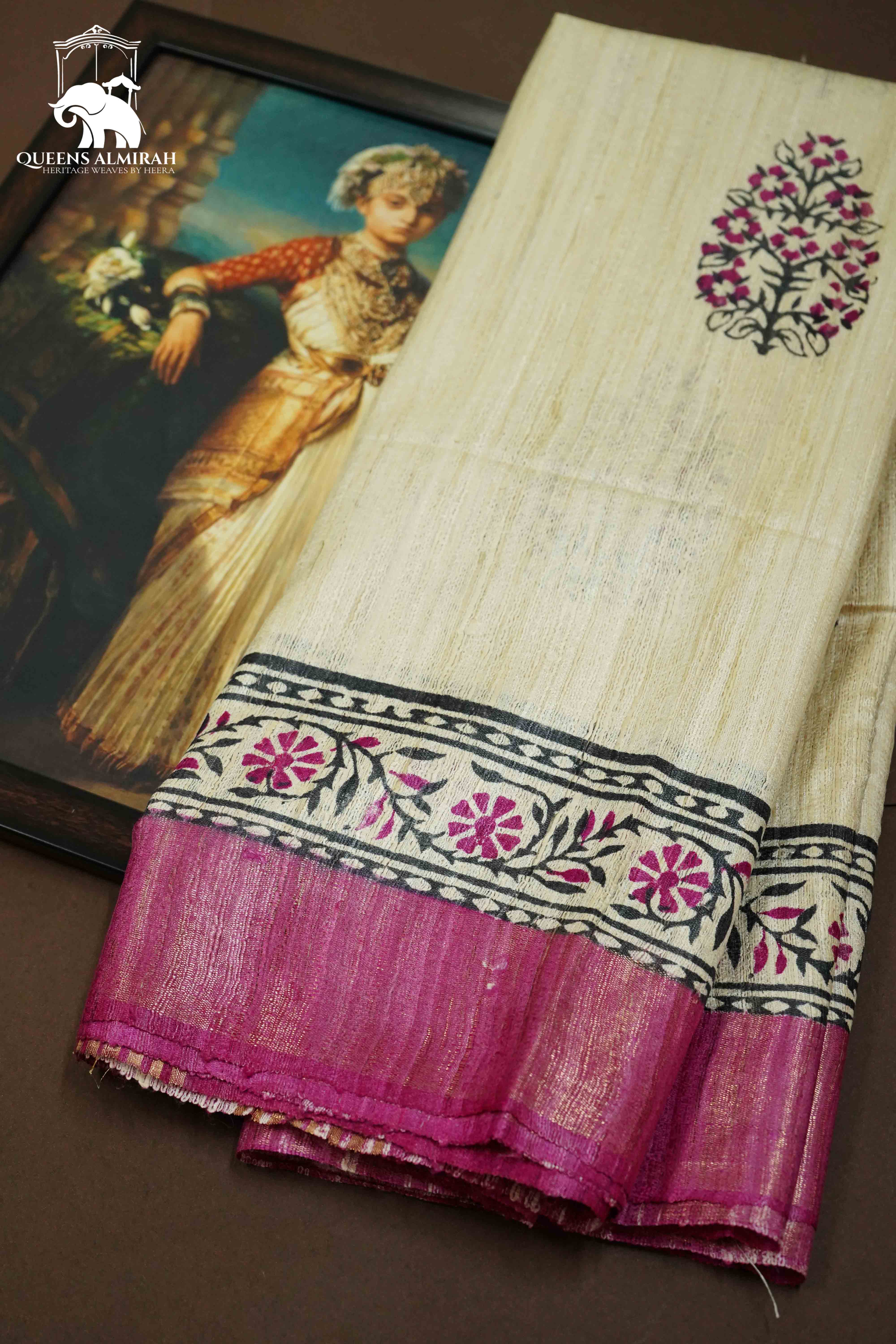 OFF WHITTE WITH WARM PURPLE GHICHA TUSSAR SILK SAREE - Queens Jewel Emporium