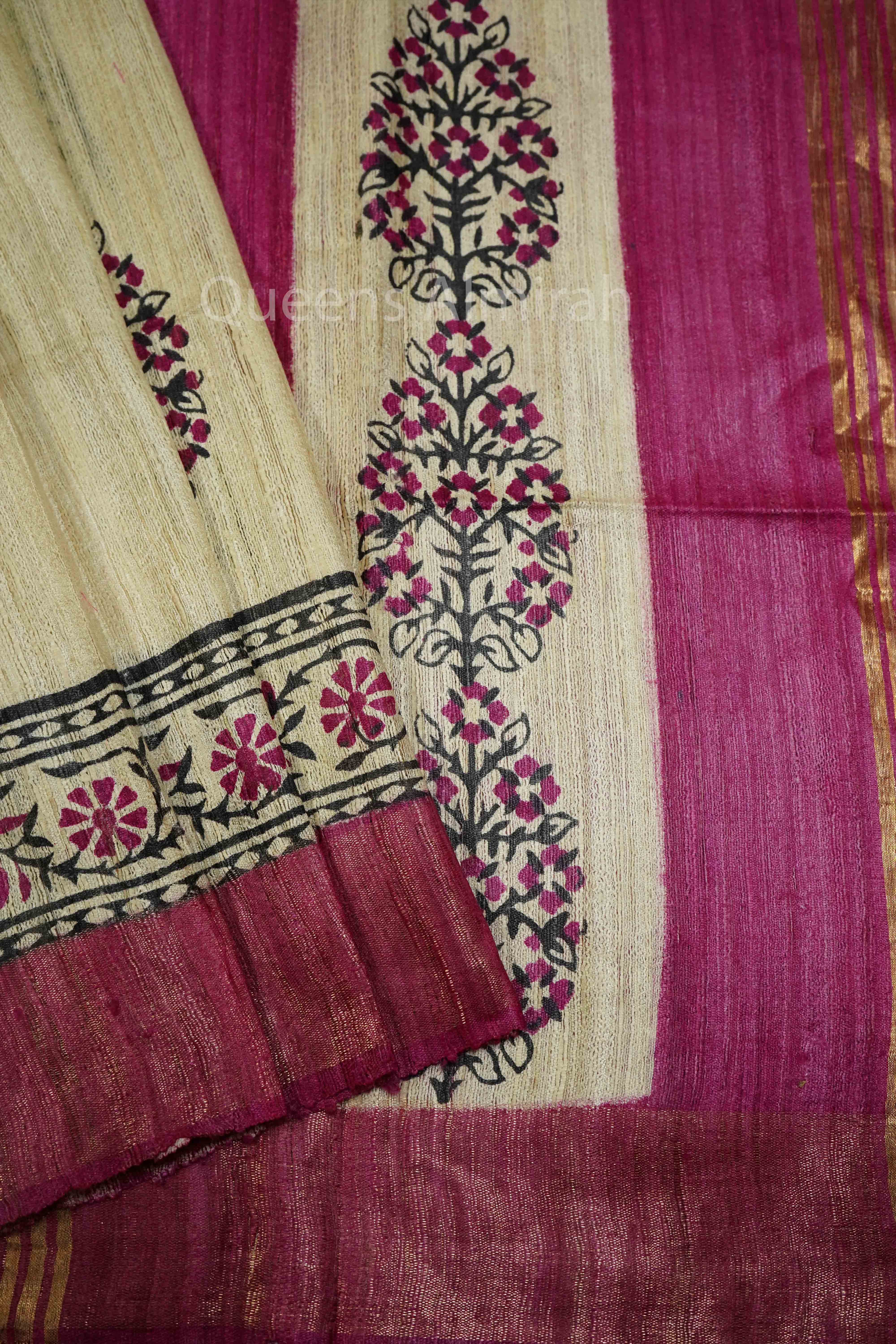 OFF WHITTE WITH WARM PURPLE GHICHA TUSSAR SILK SAREE - Queens Jewel Emporium