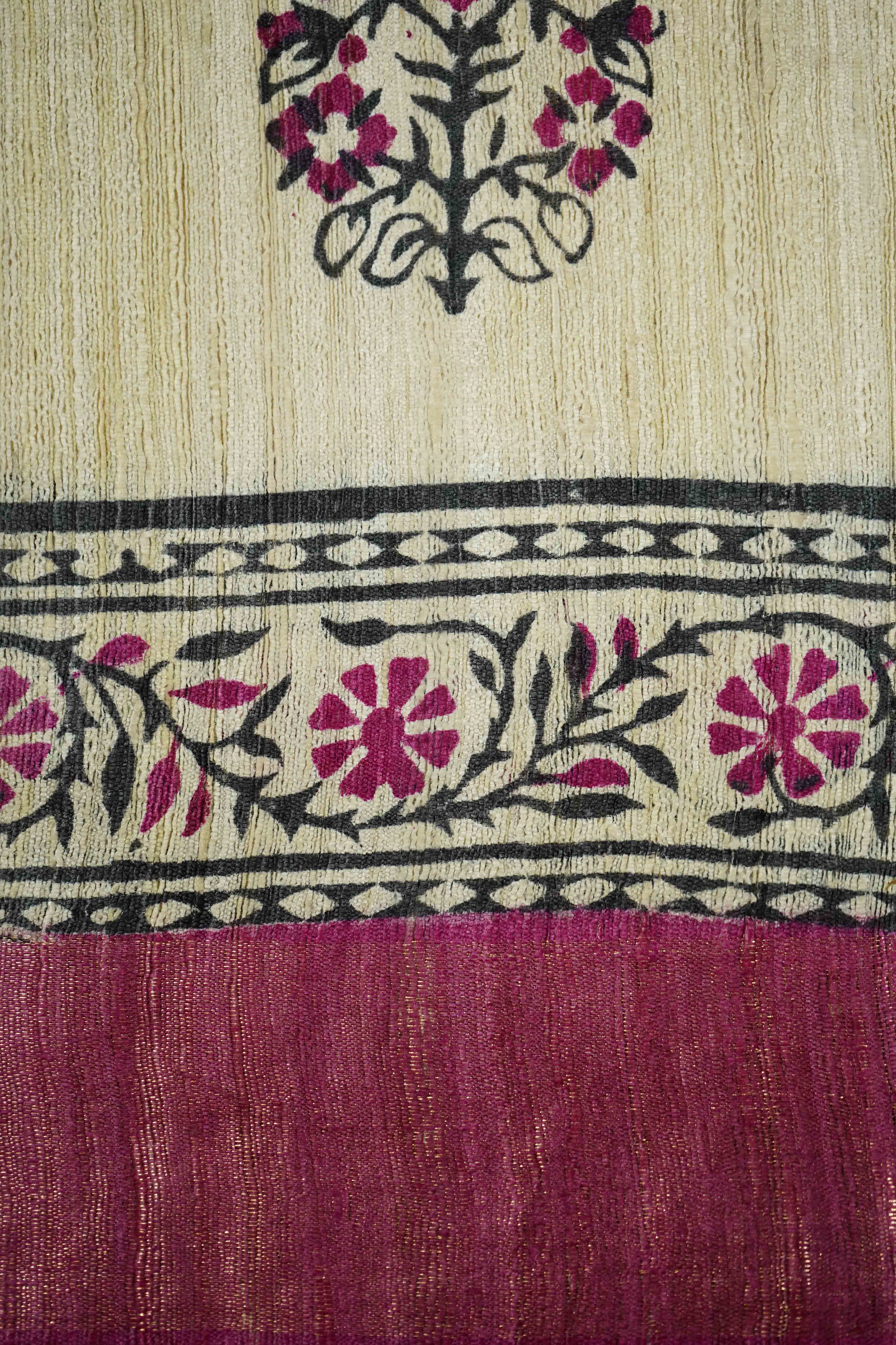 OFF WHITTE WITH WARM PURPLE GHICHA TUSSAR SILK SAREE - Queens Jewel Emporium