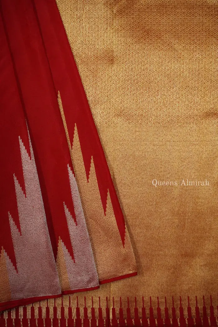 OLD BRICK WITH REDDISH ORANGE PURE KANCHIVARAM SAREE - Queens Jewel Emporium