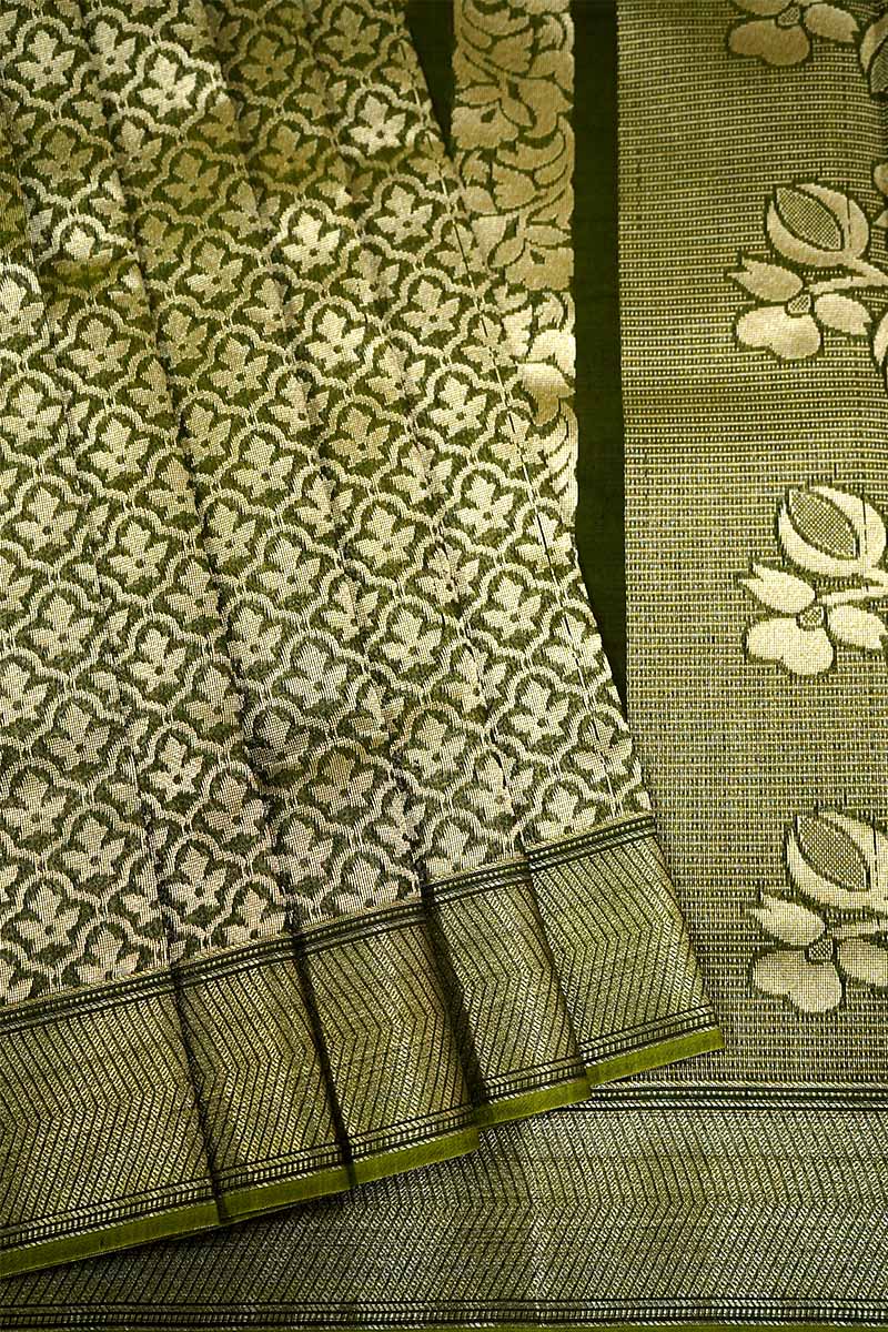 OLIVE GREEN BROCADE SILK COTTON SAREE - Queens Jewel Emporium