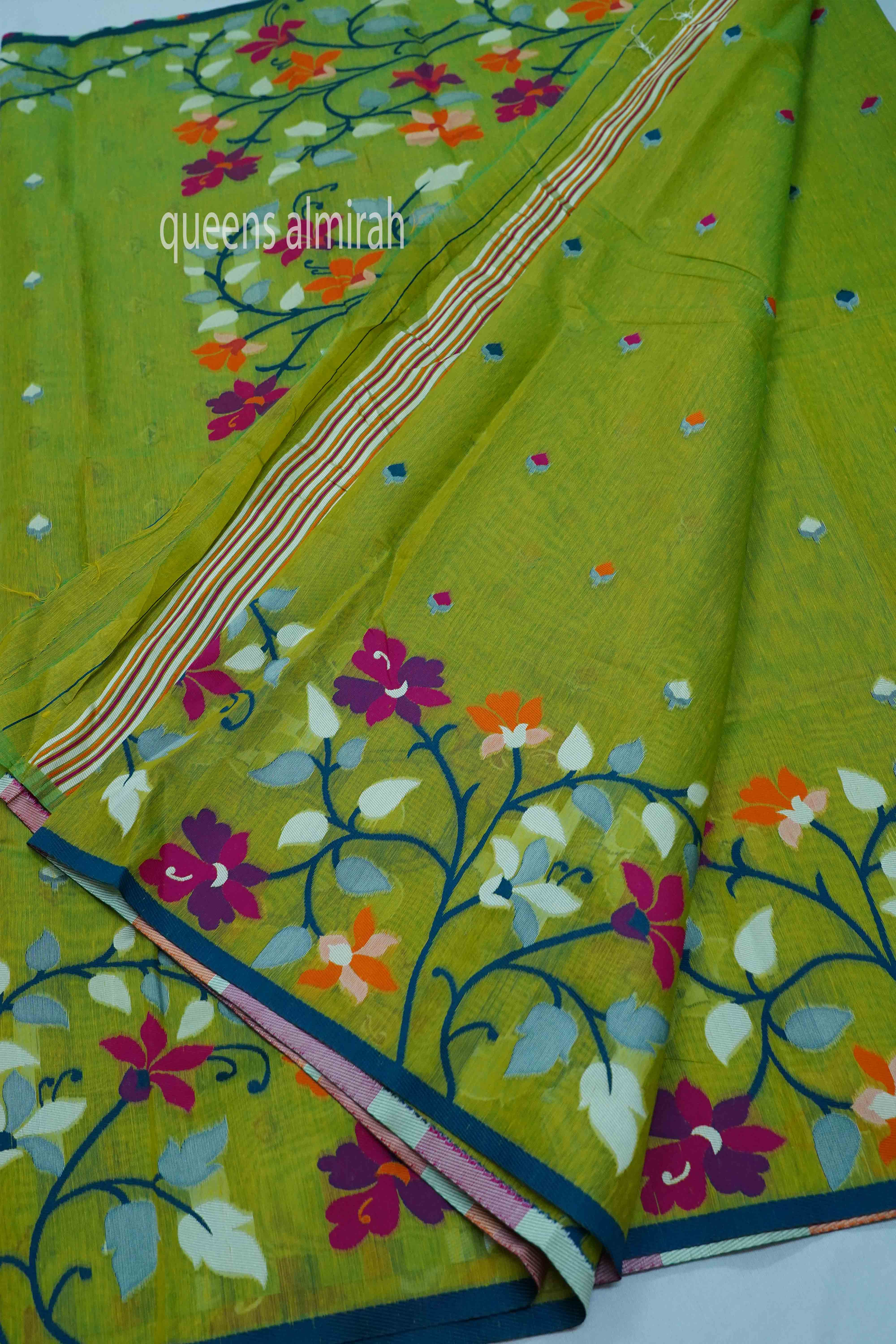 OLIVE GREEN JAMDANI SILK COTTON SAREE - Queens Jewel Emporium
