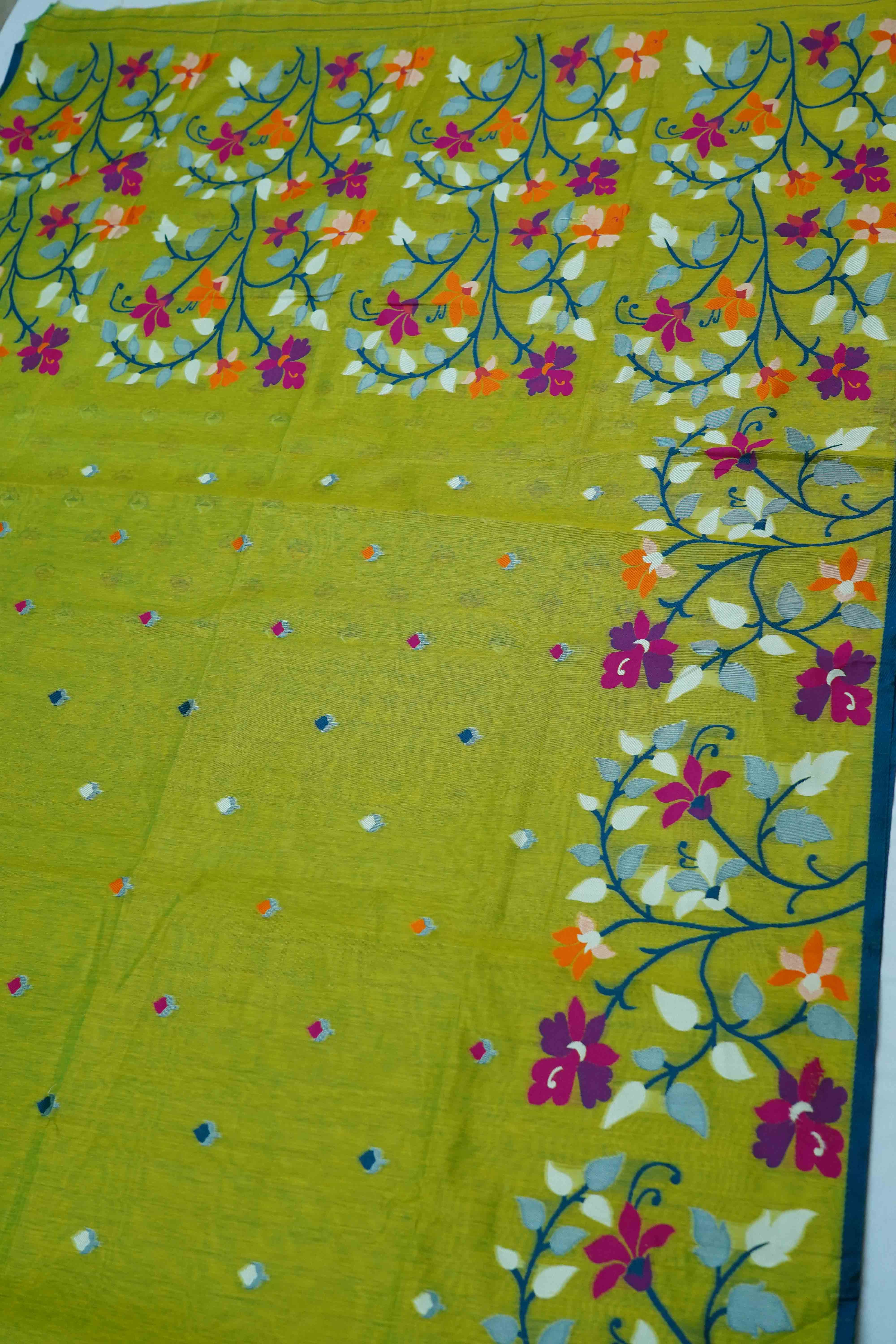 OLIVE GREEN JAMDANI SILK COTTON SAREE - Queens Jewel Emporium